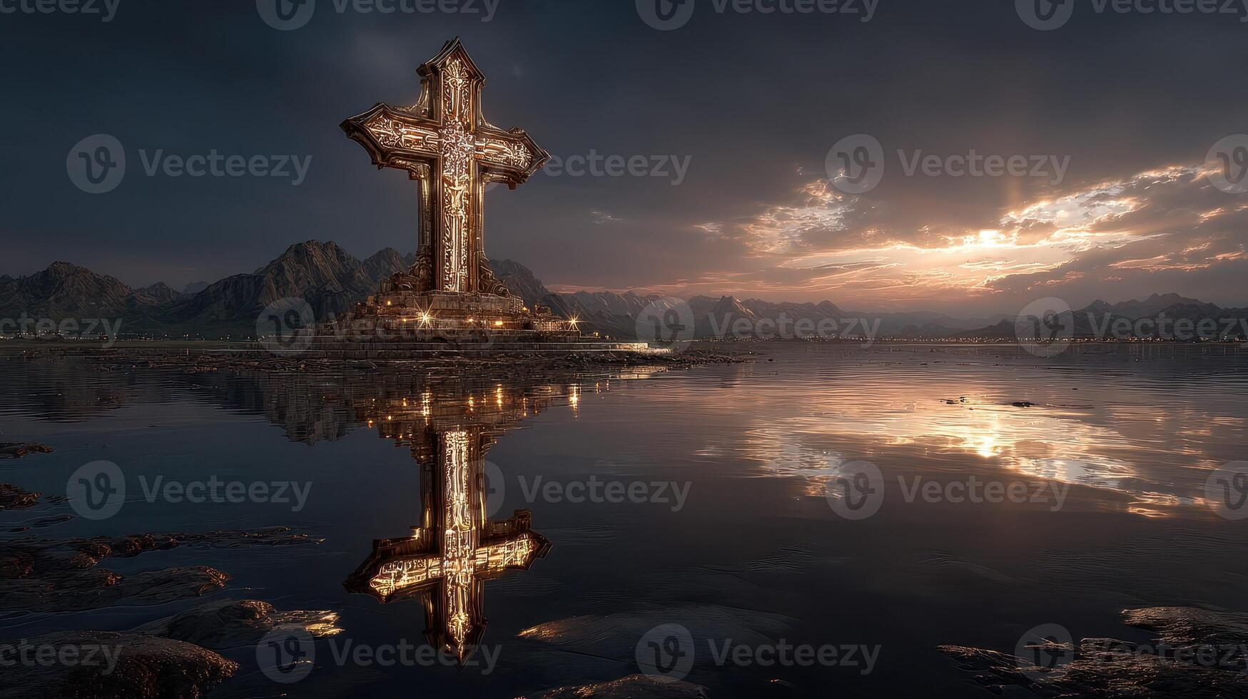 Majestic illuminated cross reflecting on tranquil water at sunset in remote mountain landscape photo