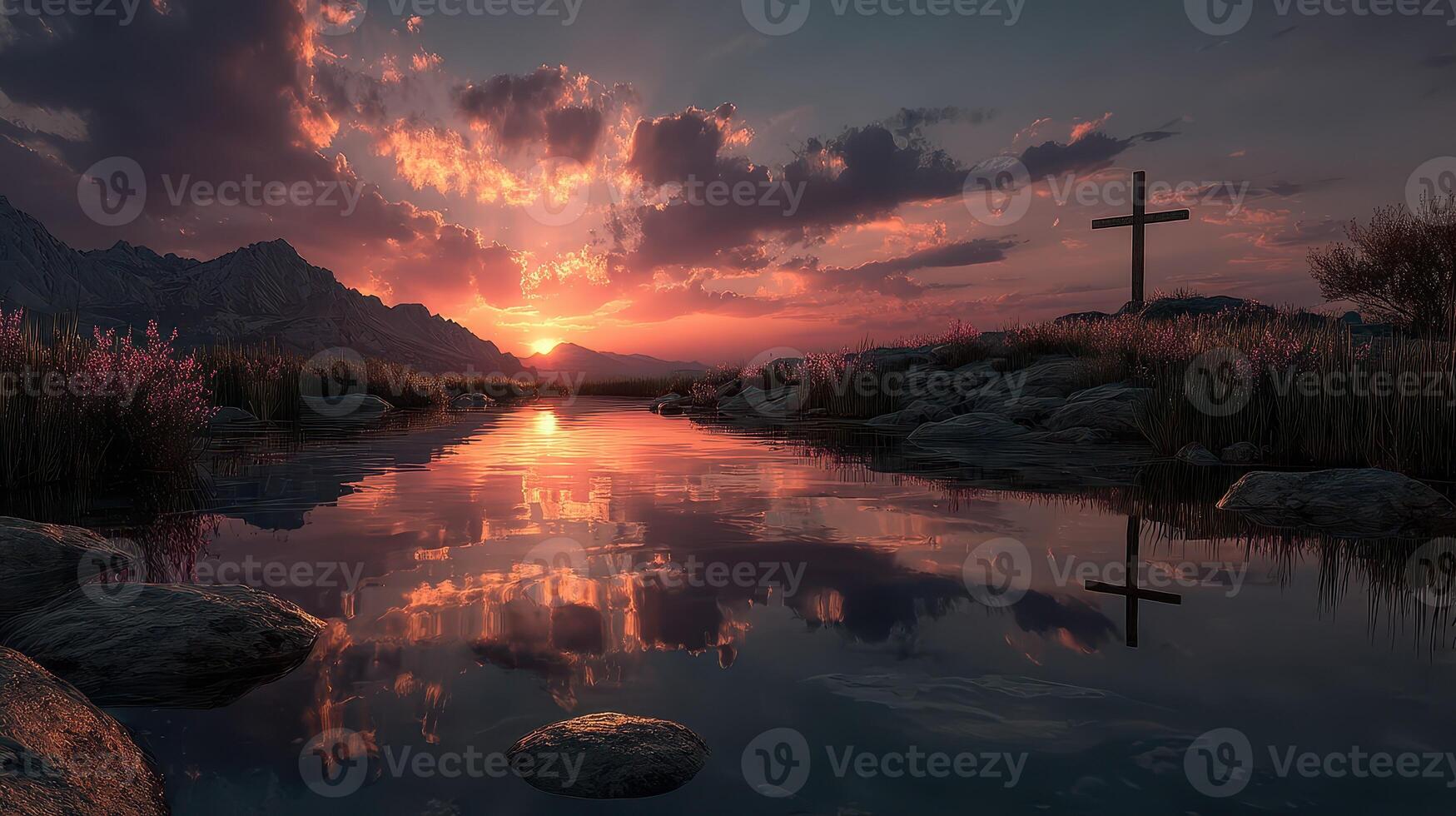 Serene sunset over a calm lake with a cross reflecting in the water near a mountain range photo