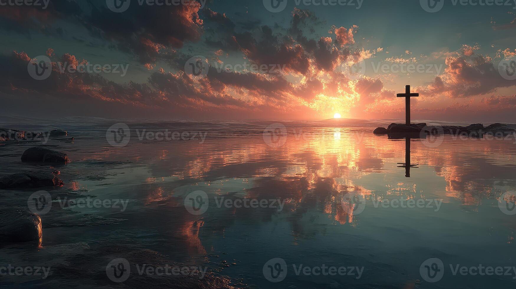 Sunset reflections with a cross over calm water in a serene landscape near the shore photo