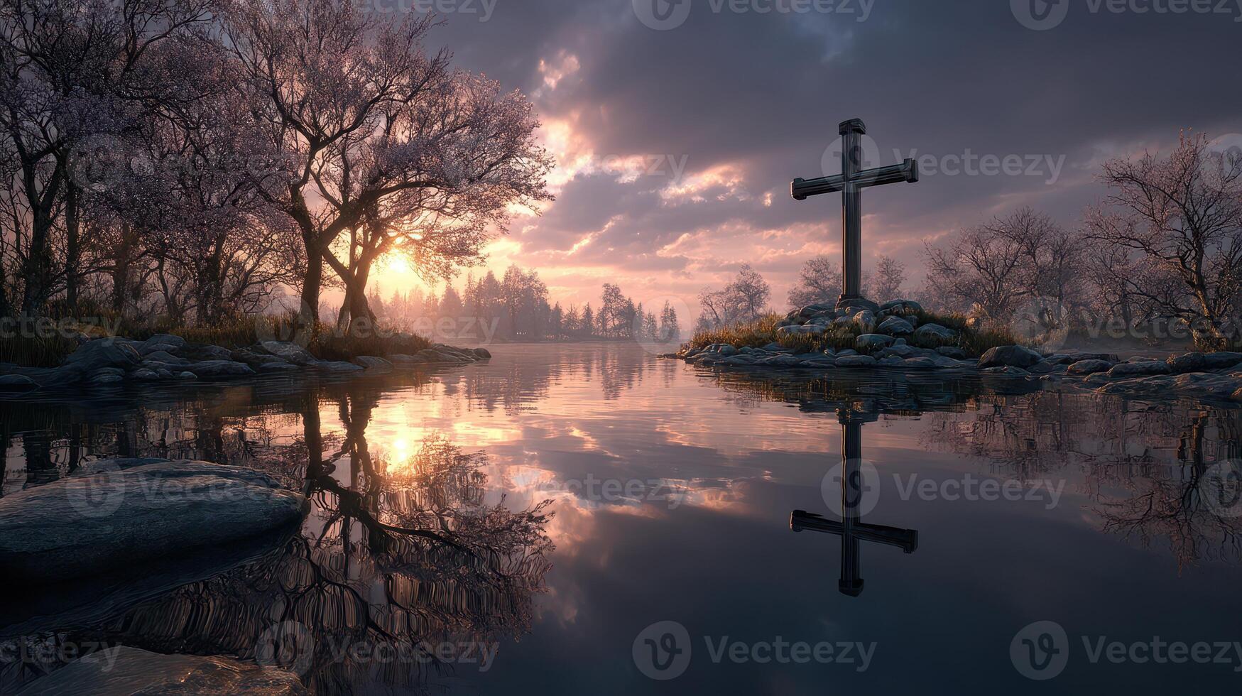 Sunset over a serene lake with a wooden cross amidst trees in a tranquil setting photo