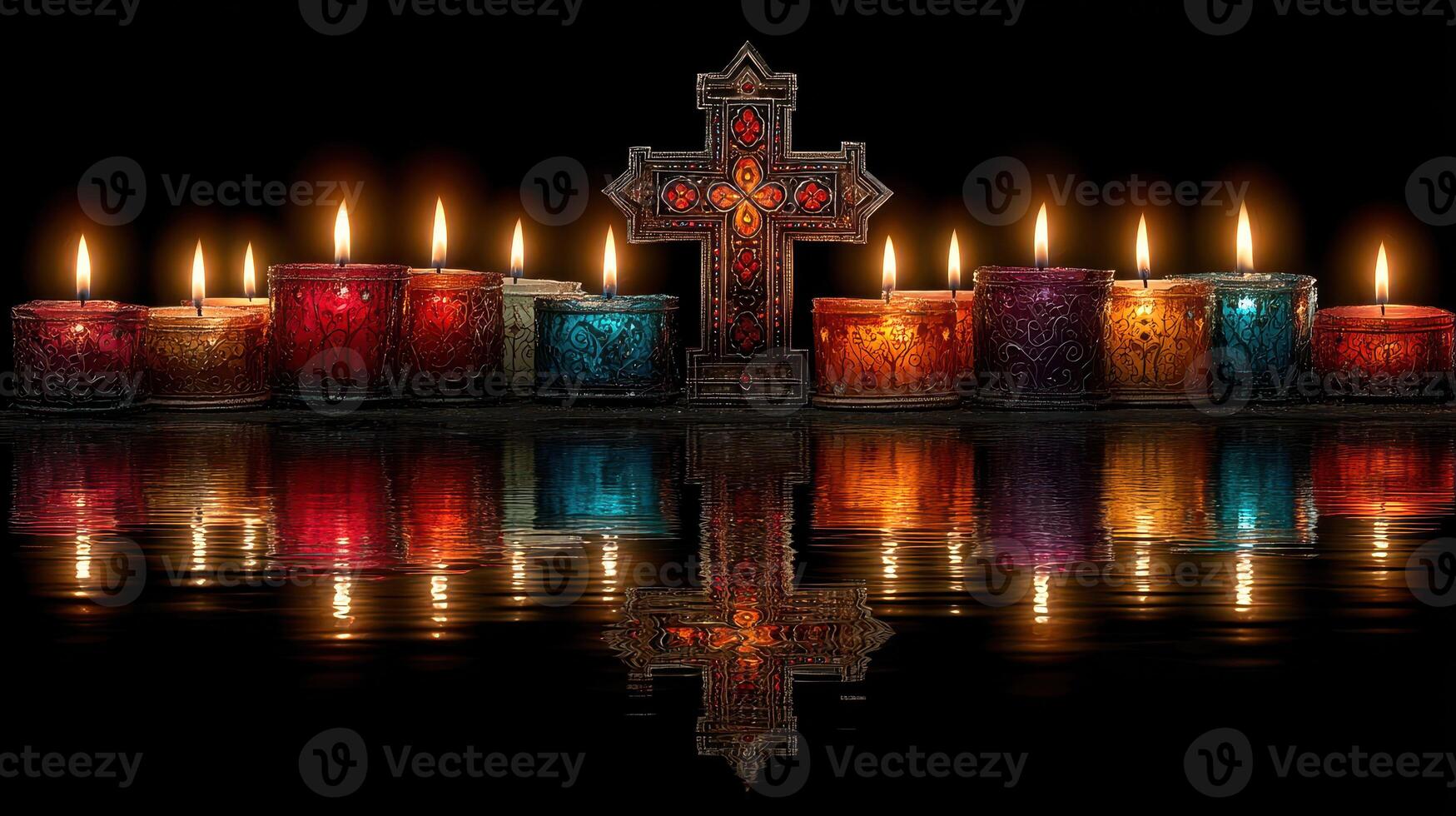 Colorful candles with a cross reflecting on water during a serene evening moment photo