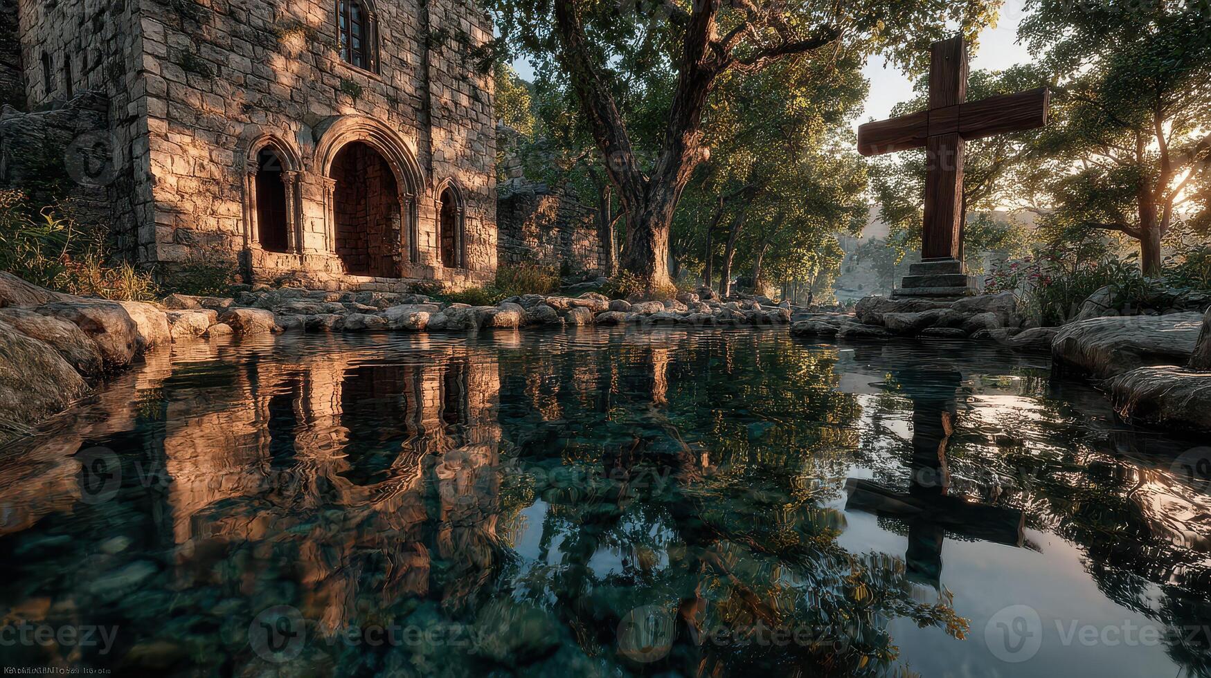 Beautiful serene landscape with stone building and cross during golden hour near reflective water photo