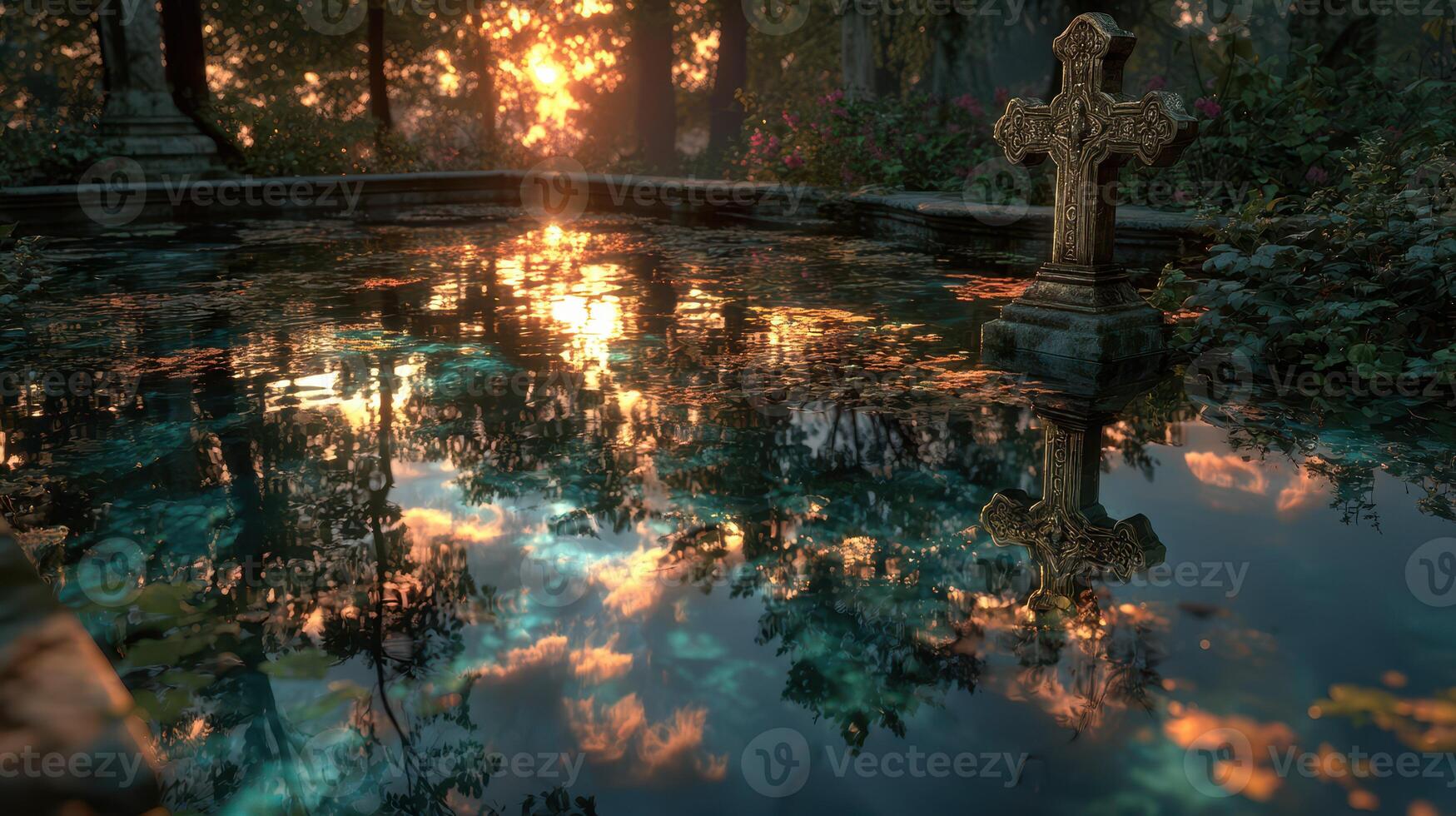 Sunset reflections on an ancient cross beside a tranquil pond in a serene forest photo
