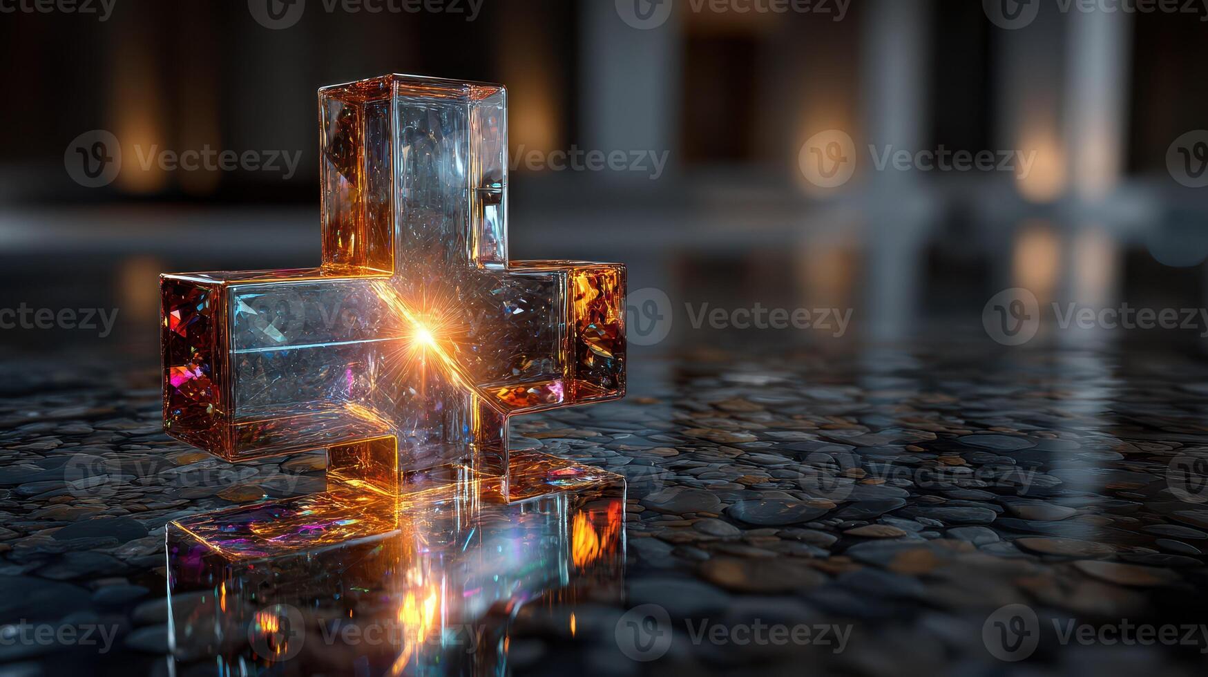 Crystal cross sculpture illuminated in a dimly lit room with reflections on a polished surface photo