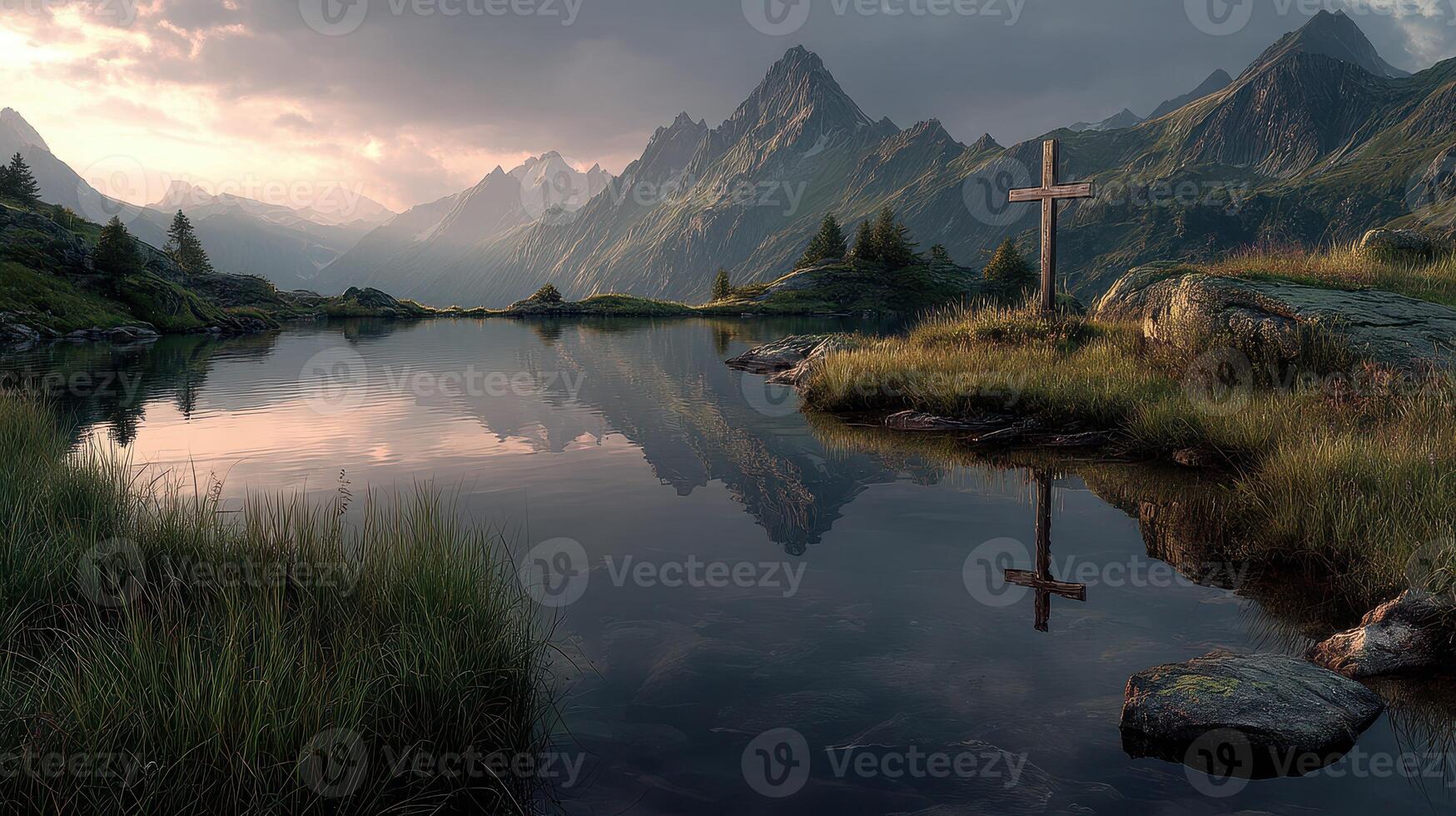 Serene mountain landscape with reflective lake and wooden cross at sunset in a tranquil setting photo