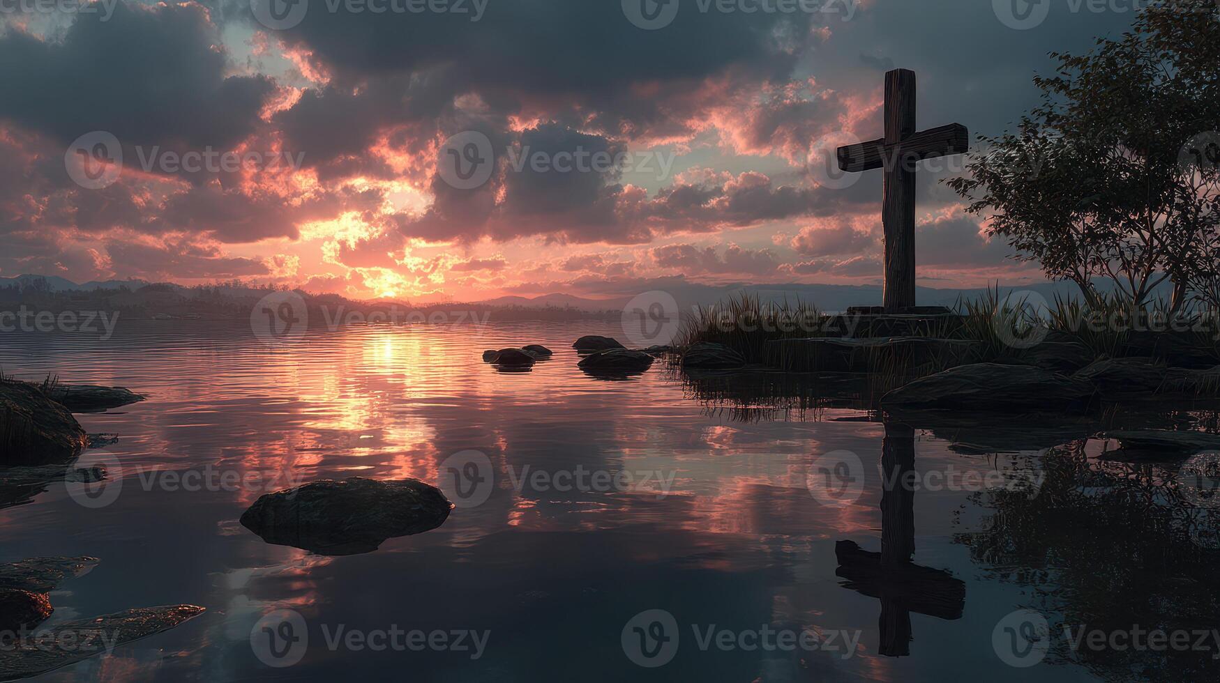 Sunset over tranquil lake with a wooden cross and reflections on the water photo