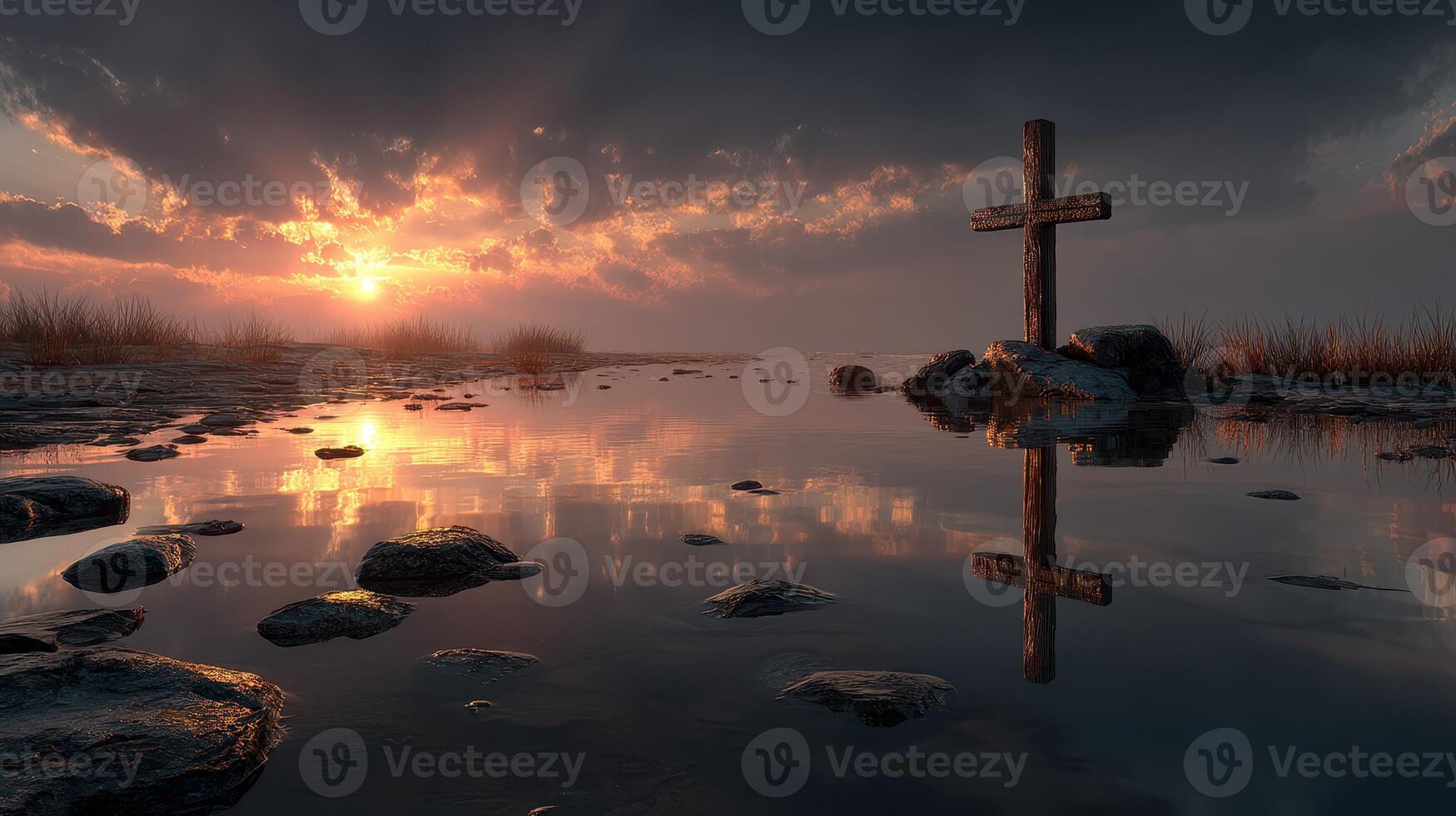 Sunset reflected in water with a cross standing on rocky shore during dusk photo