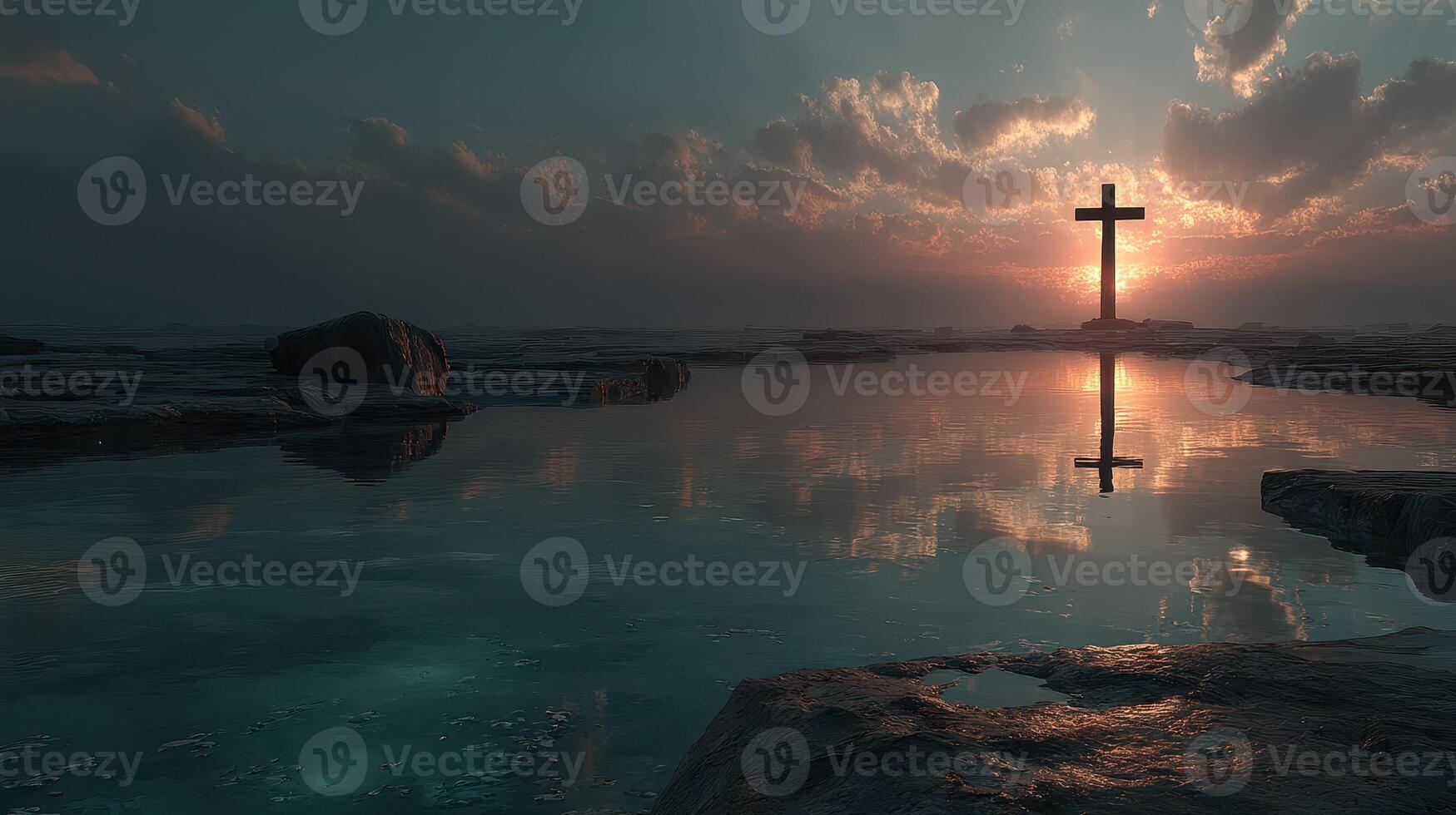 Cross stands near the water during sunset with dramatic clouds in the background photo