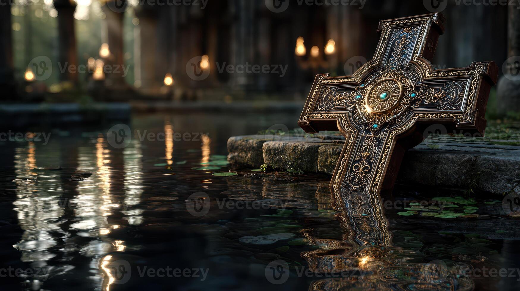 Intricate celtic cross resting on stones beside still water in ancient ruins at dusk photo