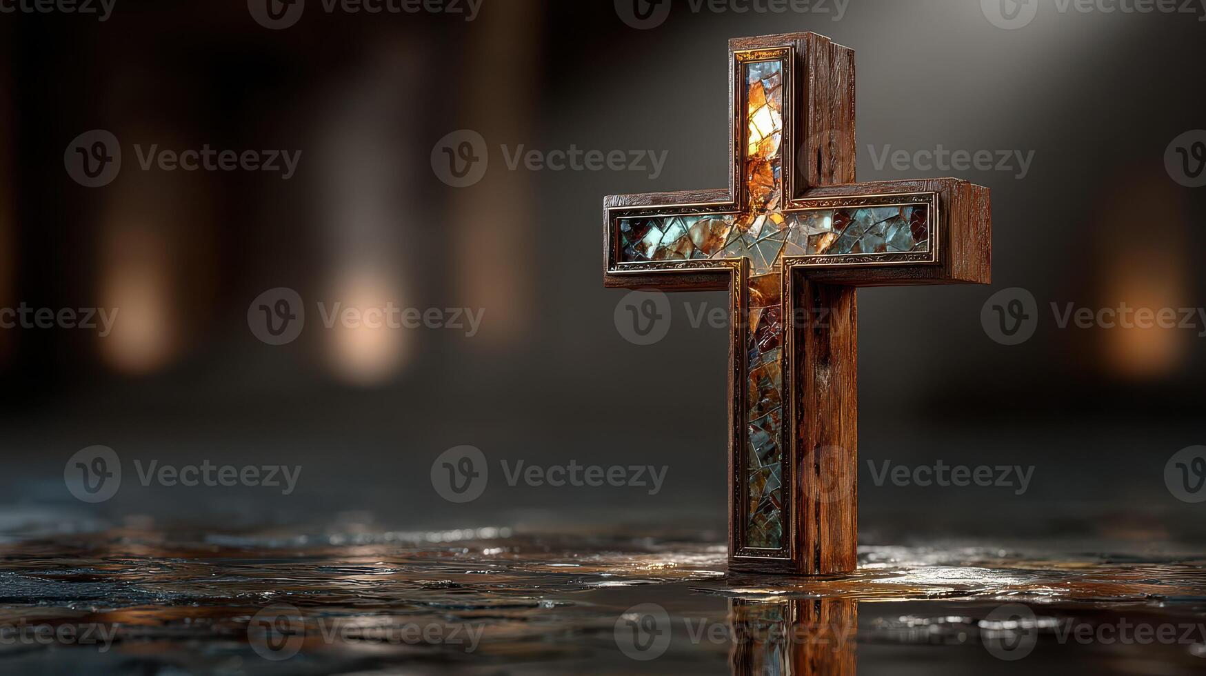 Stunning stained glass cross displayed on a reflective surface illuminated by soft background lighting photo
