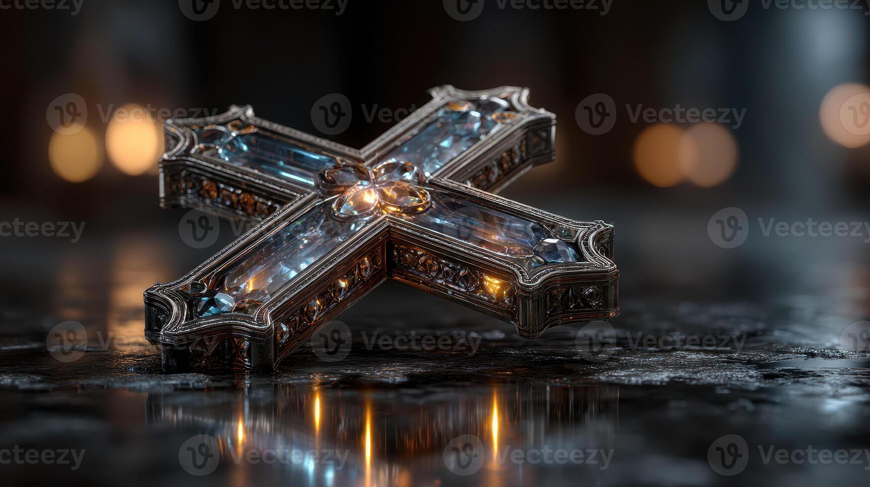 Intricate cross design with sparkling gemstones displayed in a dimly lit room during an evening setting photo