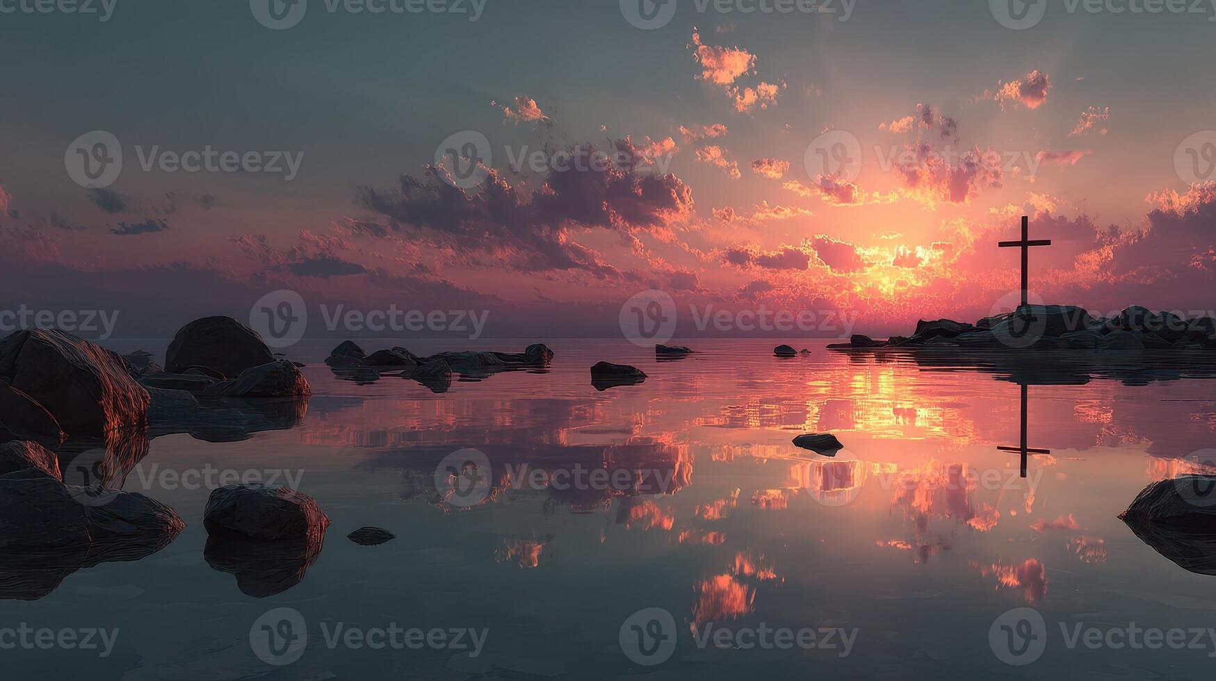 Tranquil sunset over water with a cross reflecting on the surface and serene clouds in the sky photo