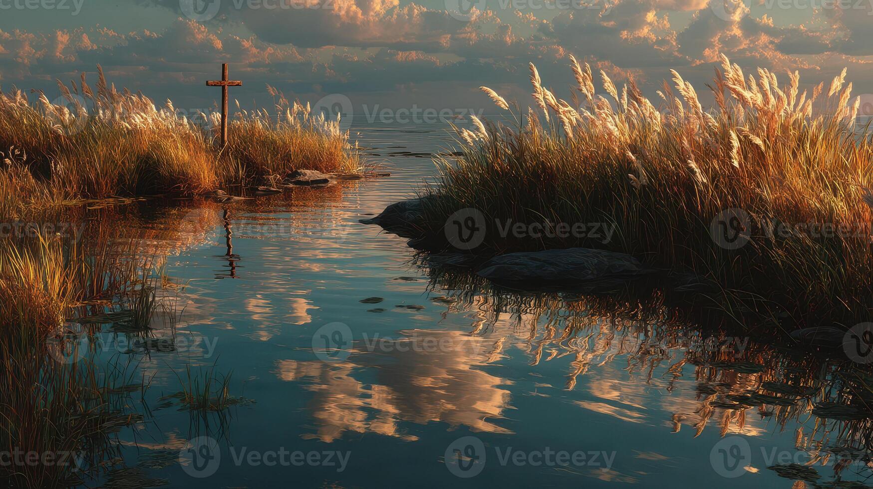 Golden reflections on tranquil waters at sunset near a cross by a serene lakeside photo