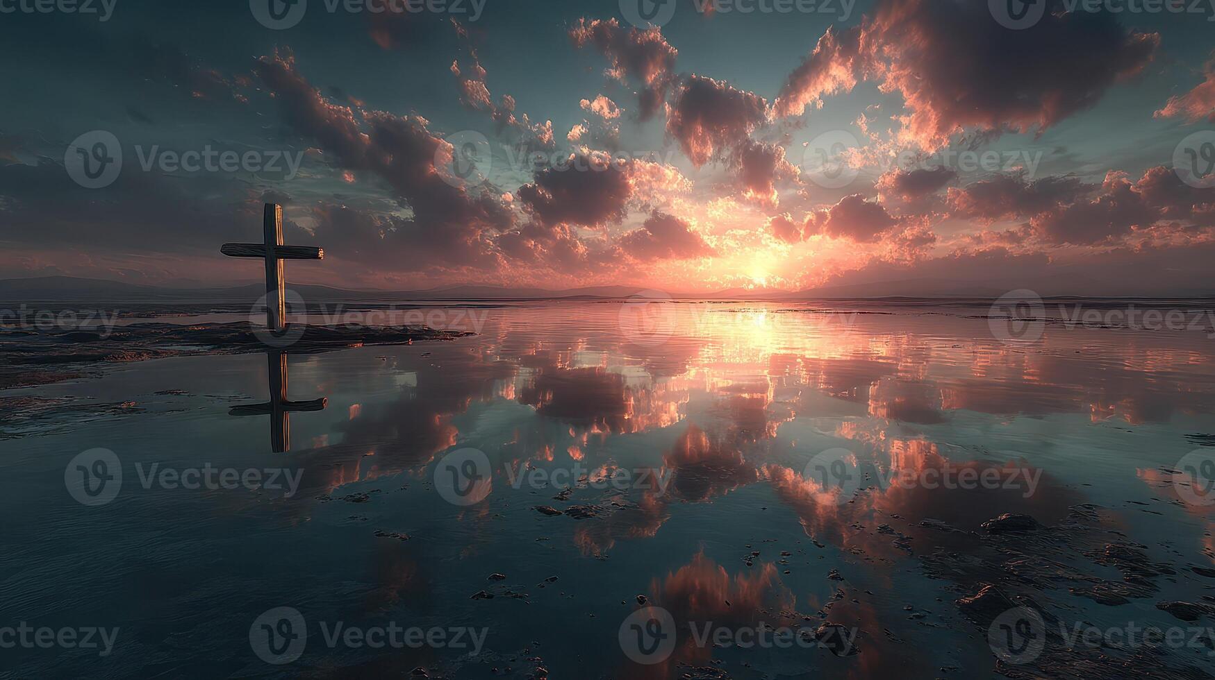 Majestic sunset reflections over calm water with a lone cross silhouetted against the vibrant sky photo