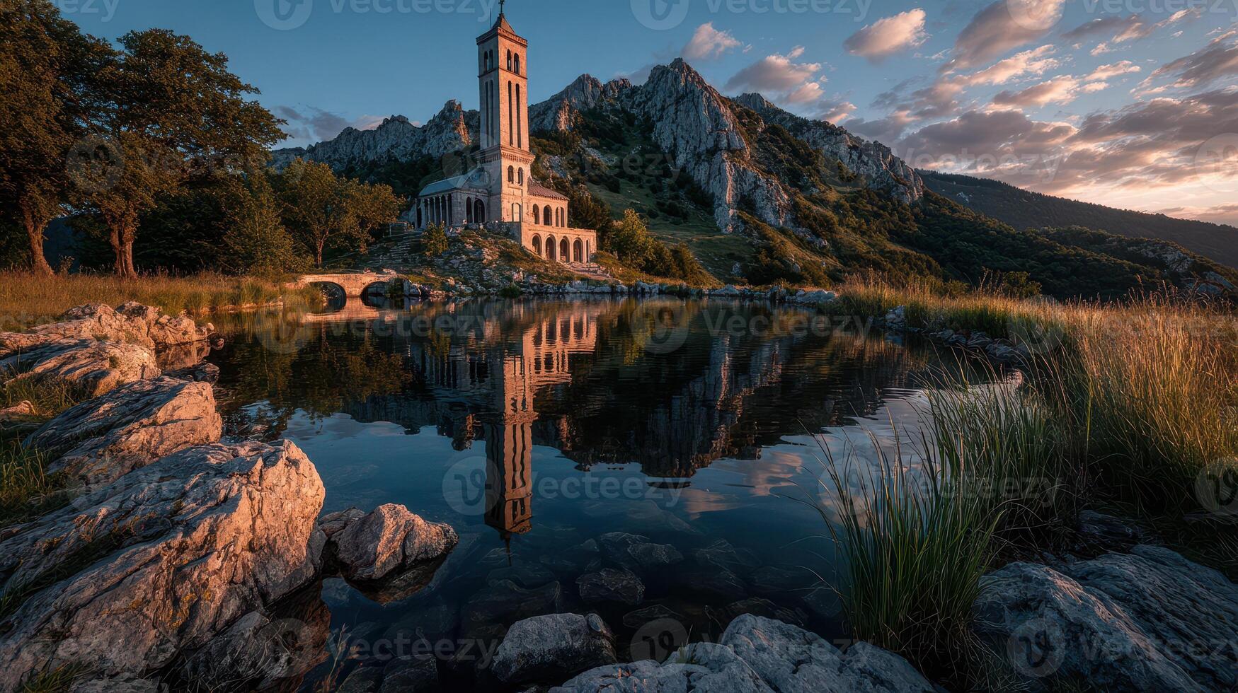 Stunning sunset reflection of a historic tower on a serene lake surrounded by mountains in a tranquil landscape photo