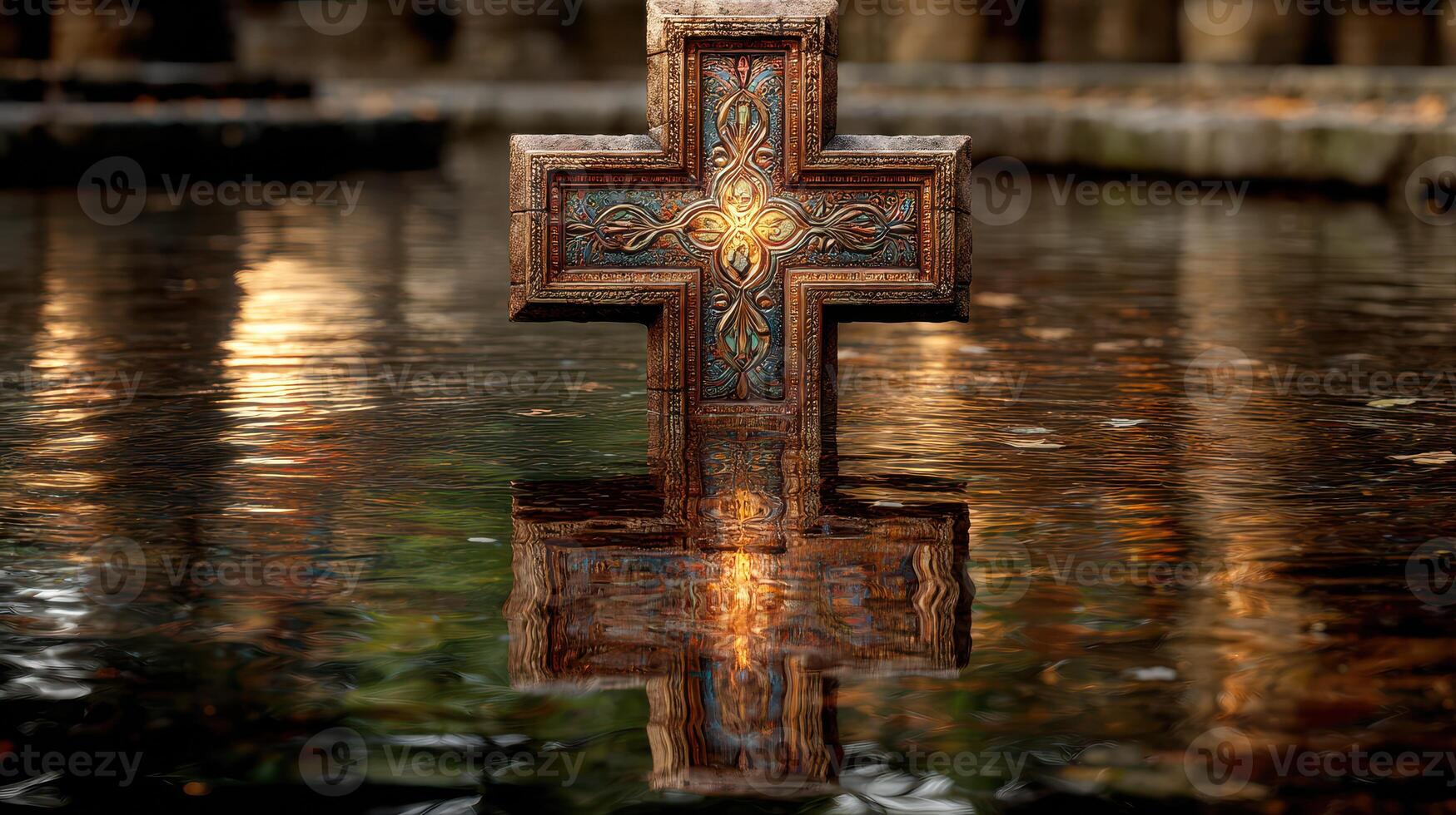 Intricate cross stands in tranquil water reflecting the beauty of nature in a serene location photo