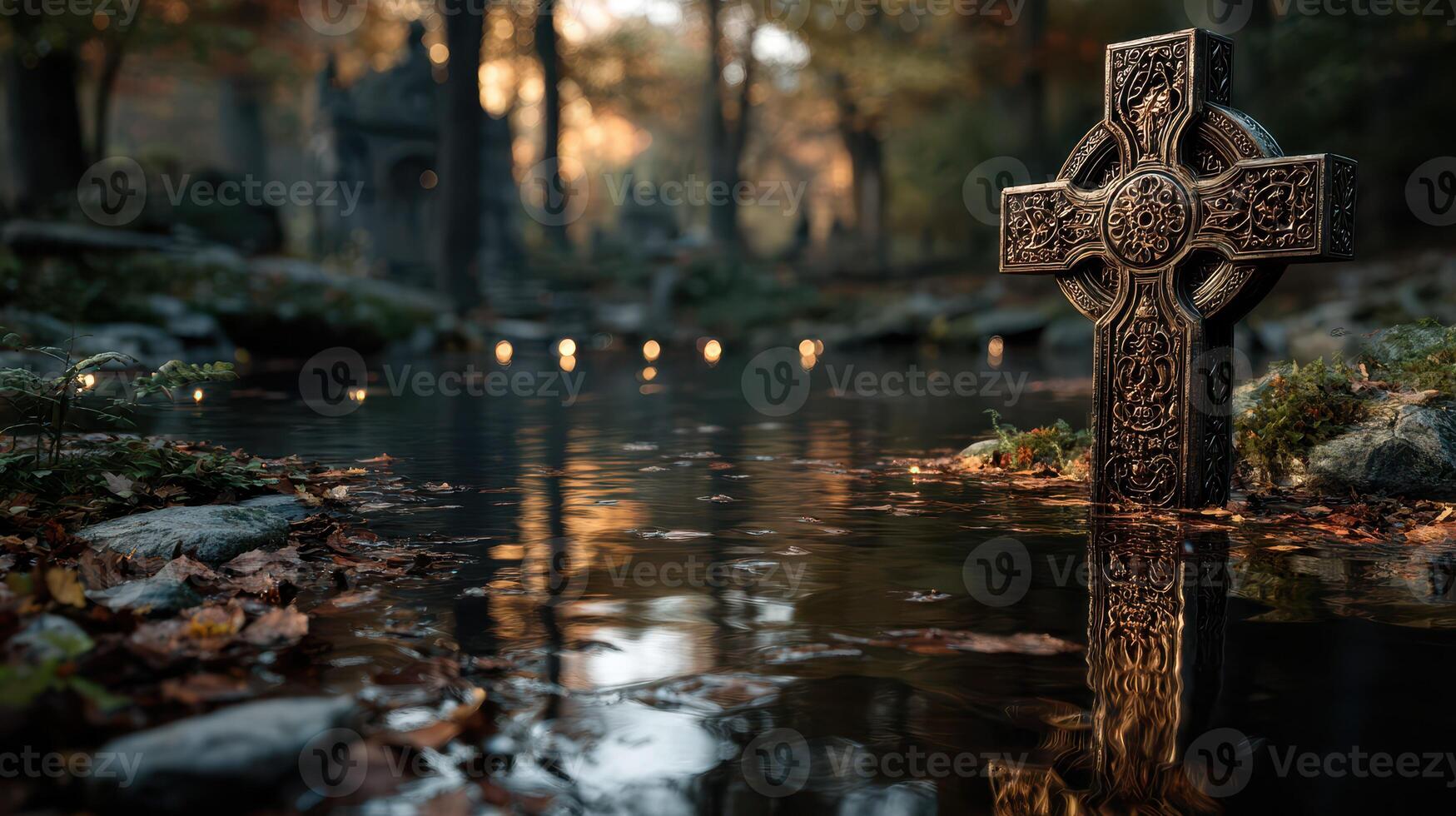 Celtic cross reflecting in tranquil water at dusk in an ancient cemetery surrounded by autumn foliage photo