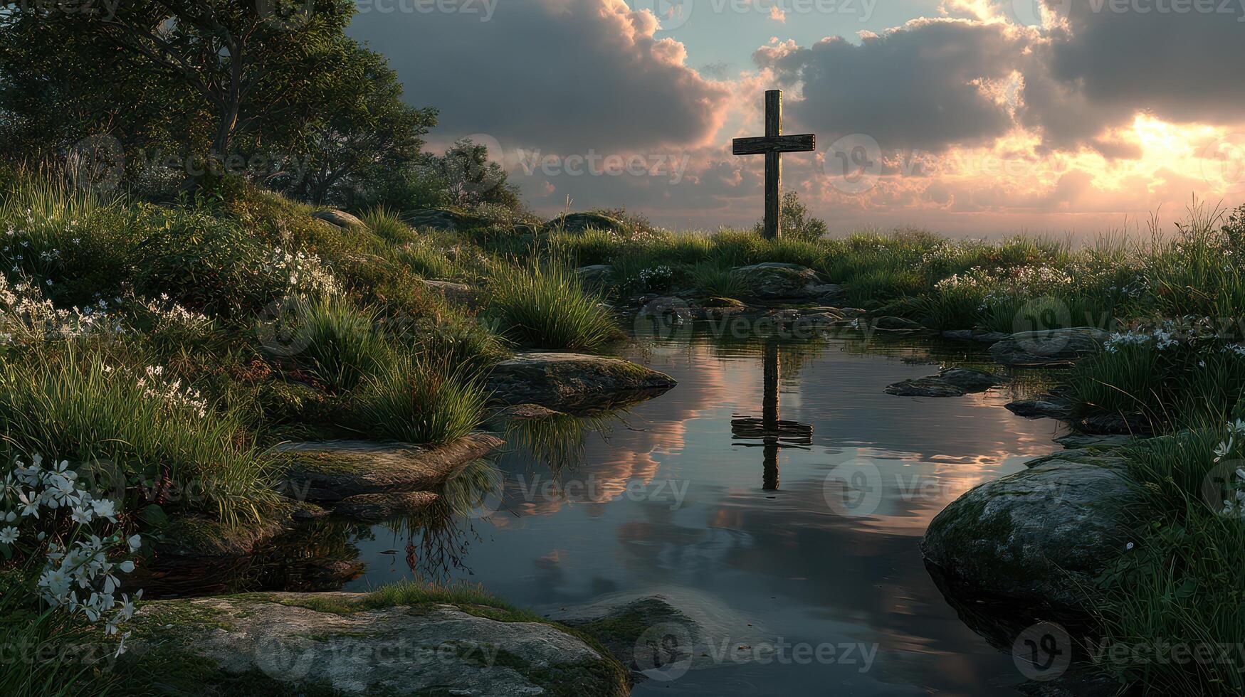 Majestic cross reflected in serene water surrounded by nature at sunset near a tranquil stream photo