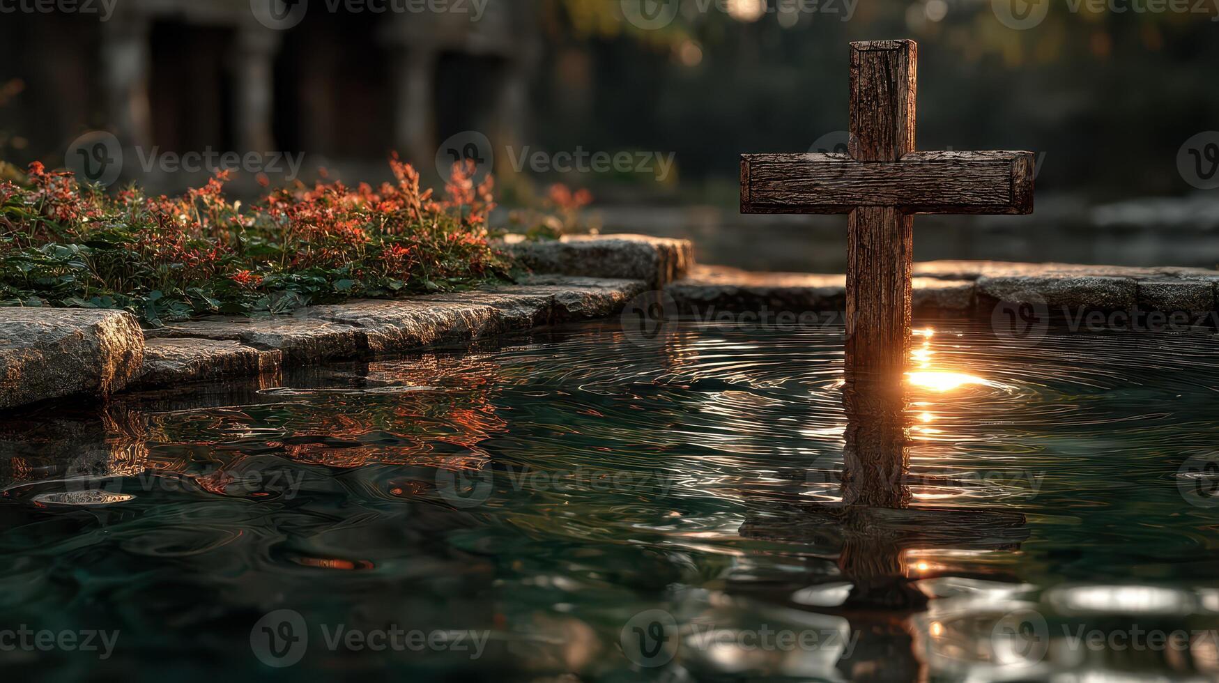 Wooden cross reflected in still water at sunset near ancient ruins surrounded by lush greenery photo