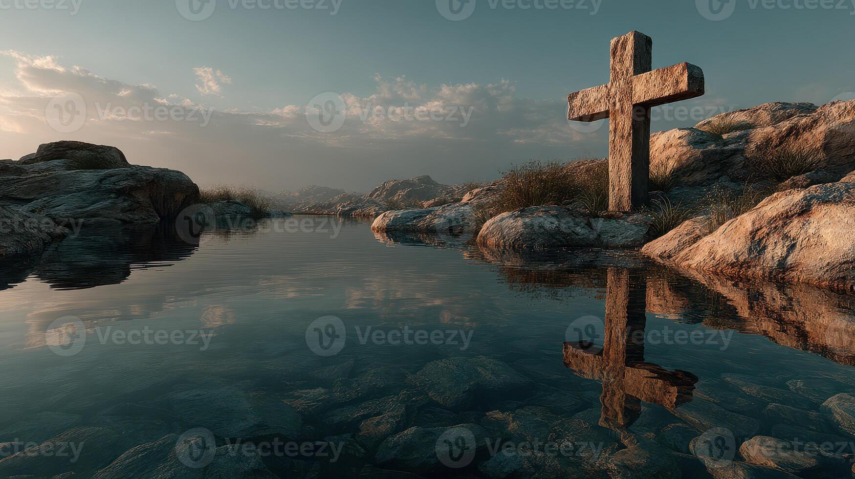 Nature and serenity blend with a stone cross near a tranquil water body surrounded by rugged rocks photo