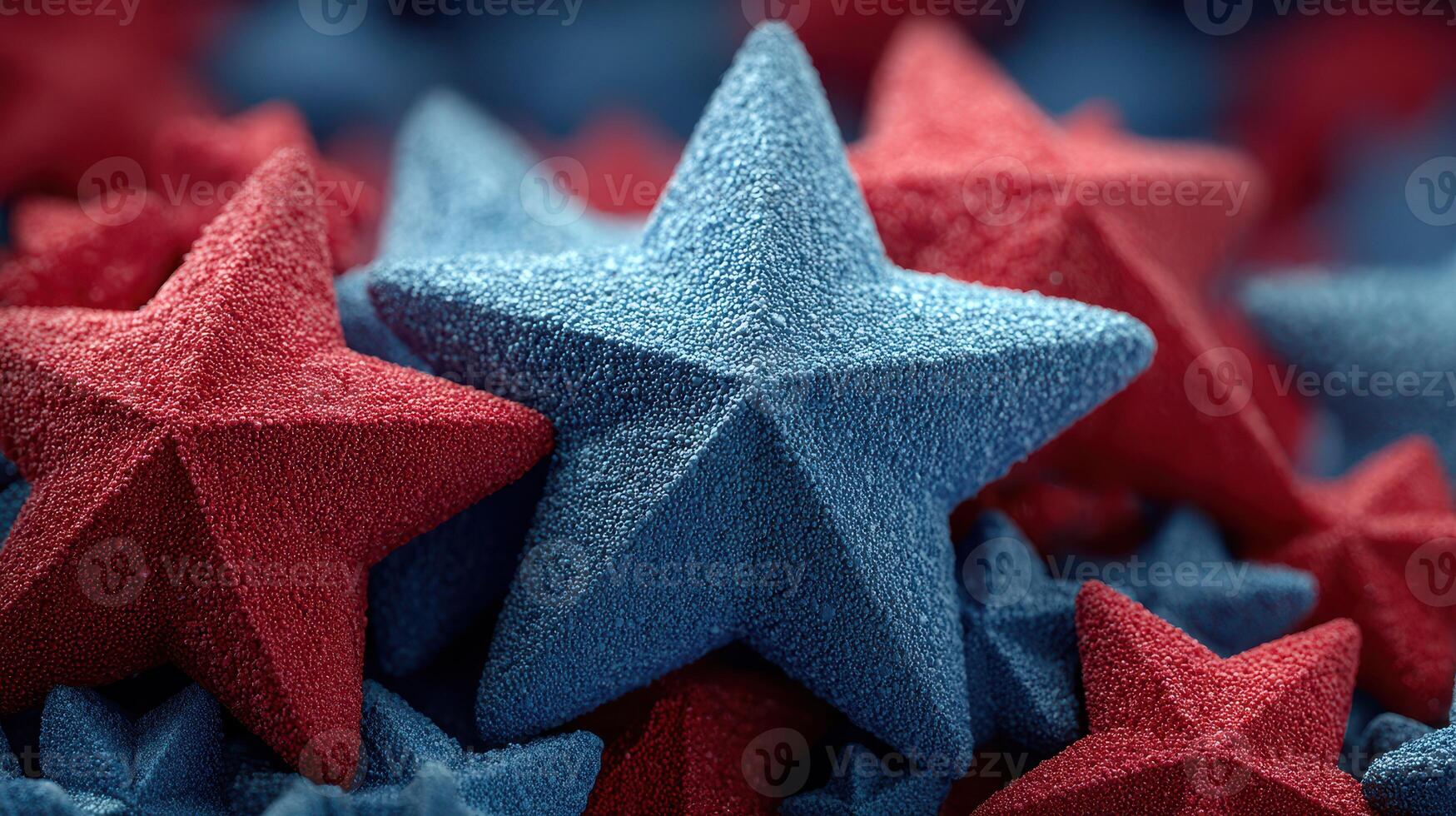 Bright red and blue textured stars scattered across a soft surface, perfect for decorations or crafts photo