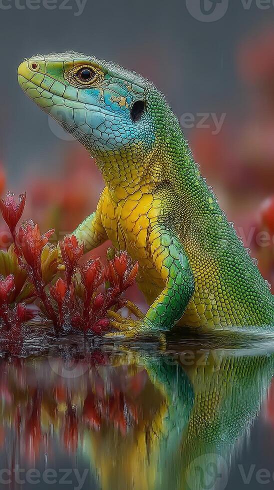 Colorful lizard perched among vibrant plants reflects in calm water during a sunny day photo