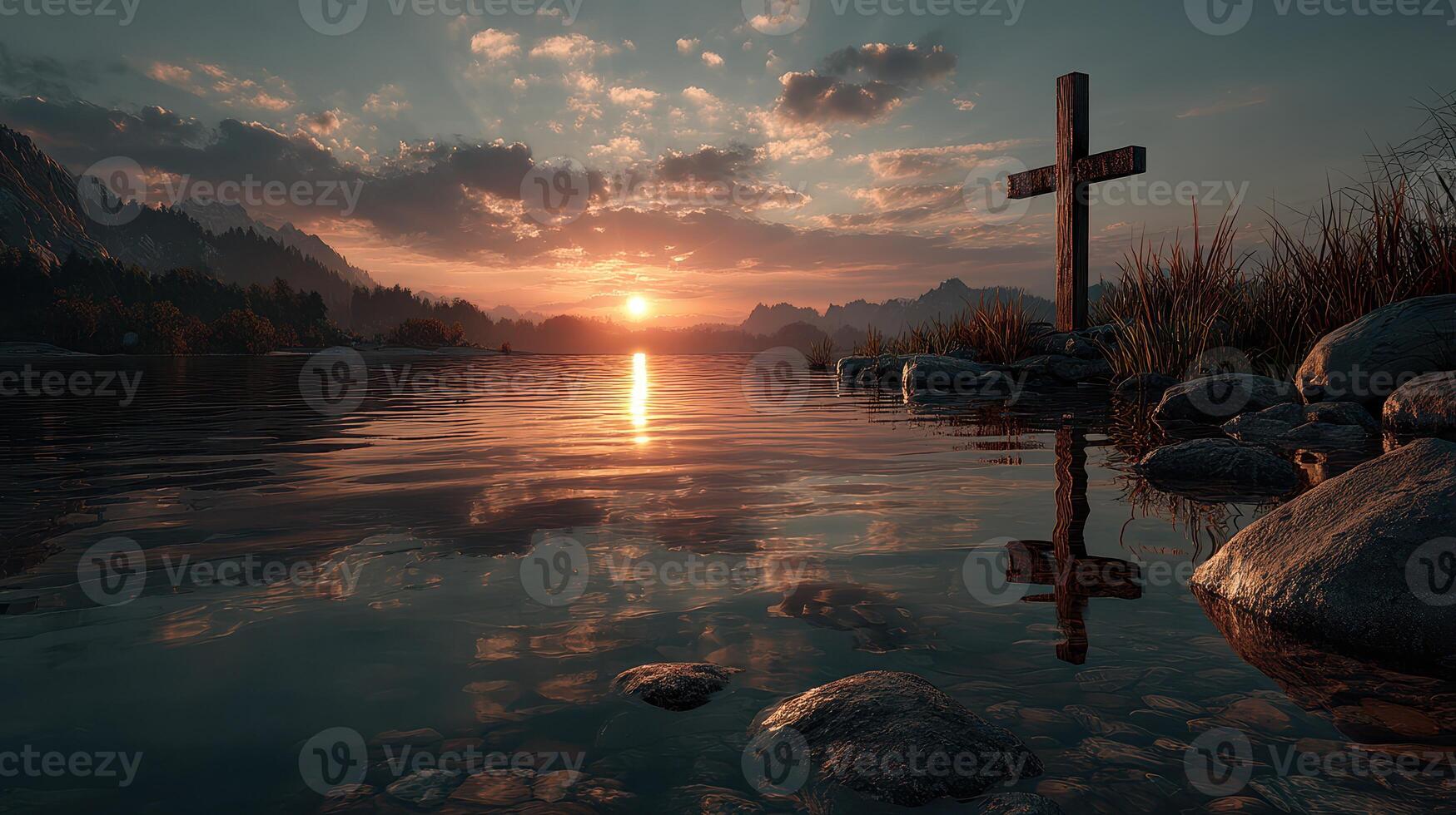 Sunset over serene lake with cross reflection and rocky shore in tranquil landscape photo