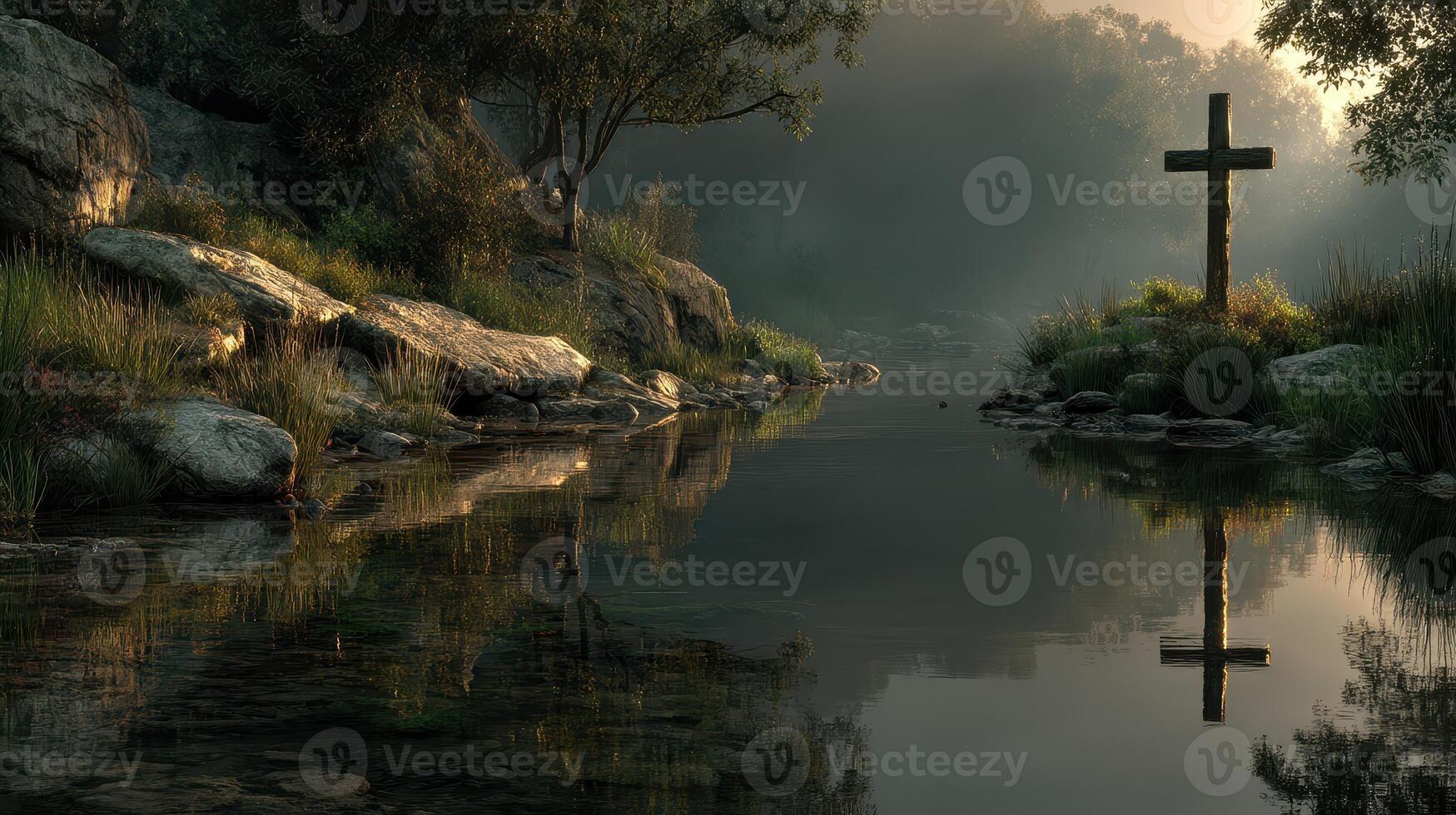 Tranquil riverside with a wooden cross at dawn surrounded by mist and natural landscape photo