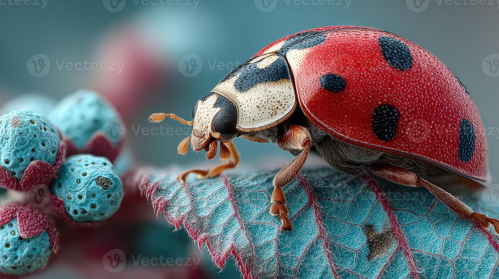 Close-up view of a vibrant ladybug resting on a blue plant leaf during daylight in a garden setting photo