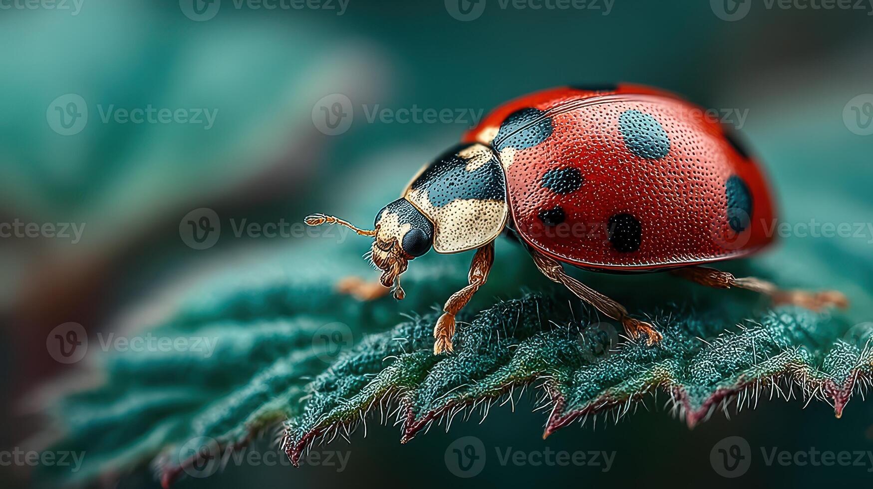 Close-up view of a ladybug resting on a green leaf in a natural setting during daylight hours photo