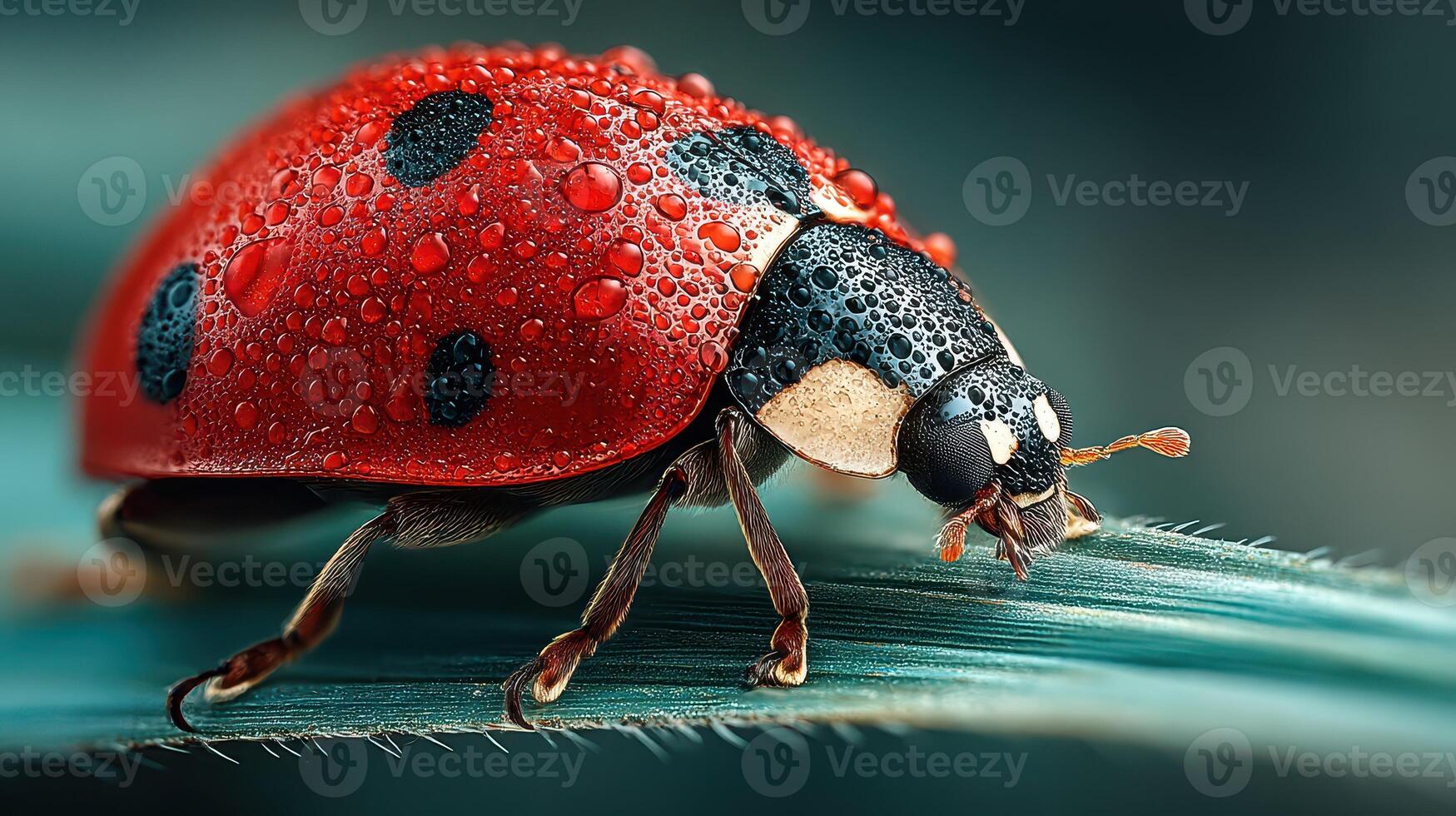 Bright red ladybug on a green leaf covered in water droplets during a sunny afternoon in a serene garden photo