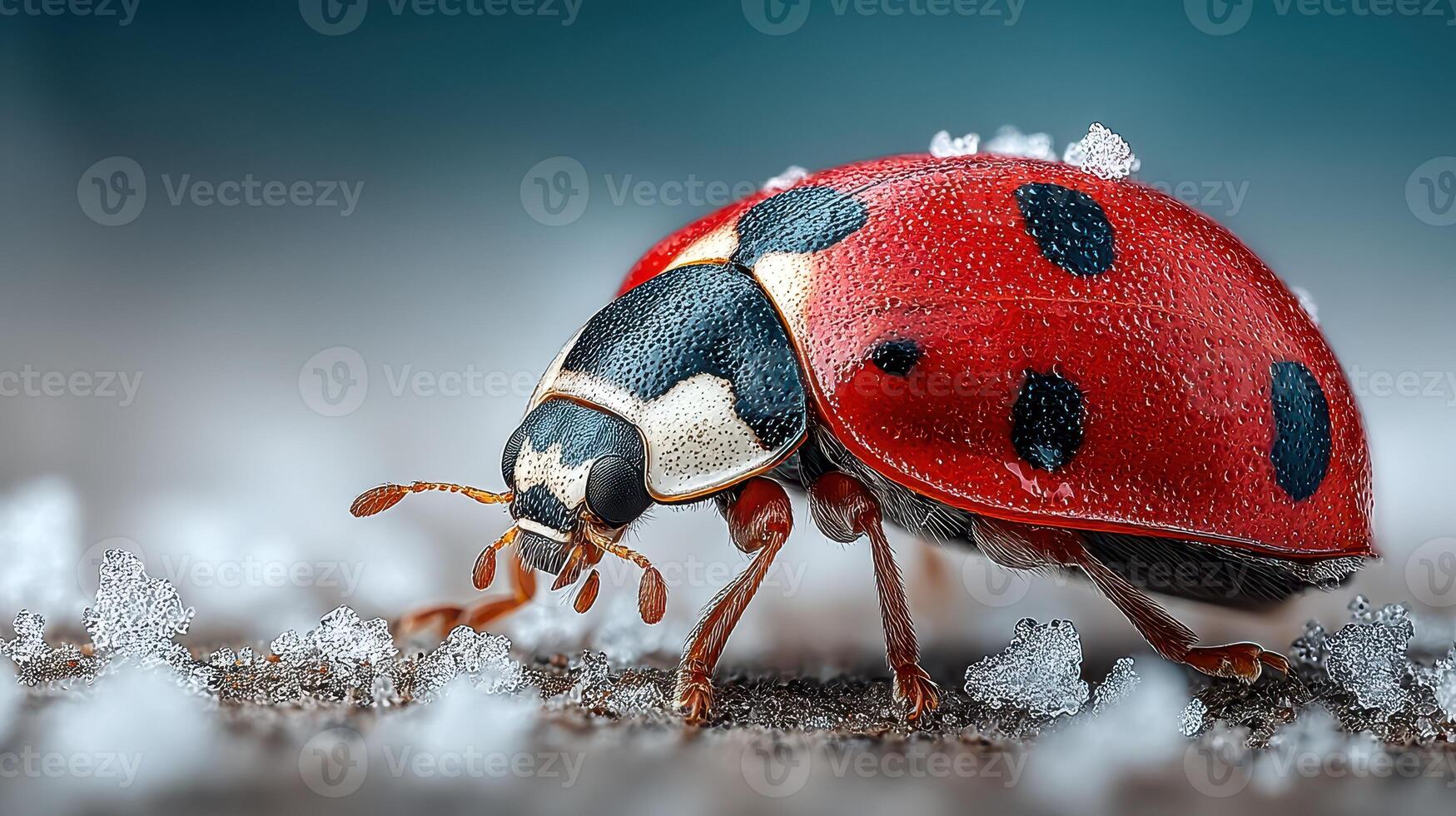 Close-up view of a red ladybug exploring a snowy landscape during winter day photo