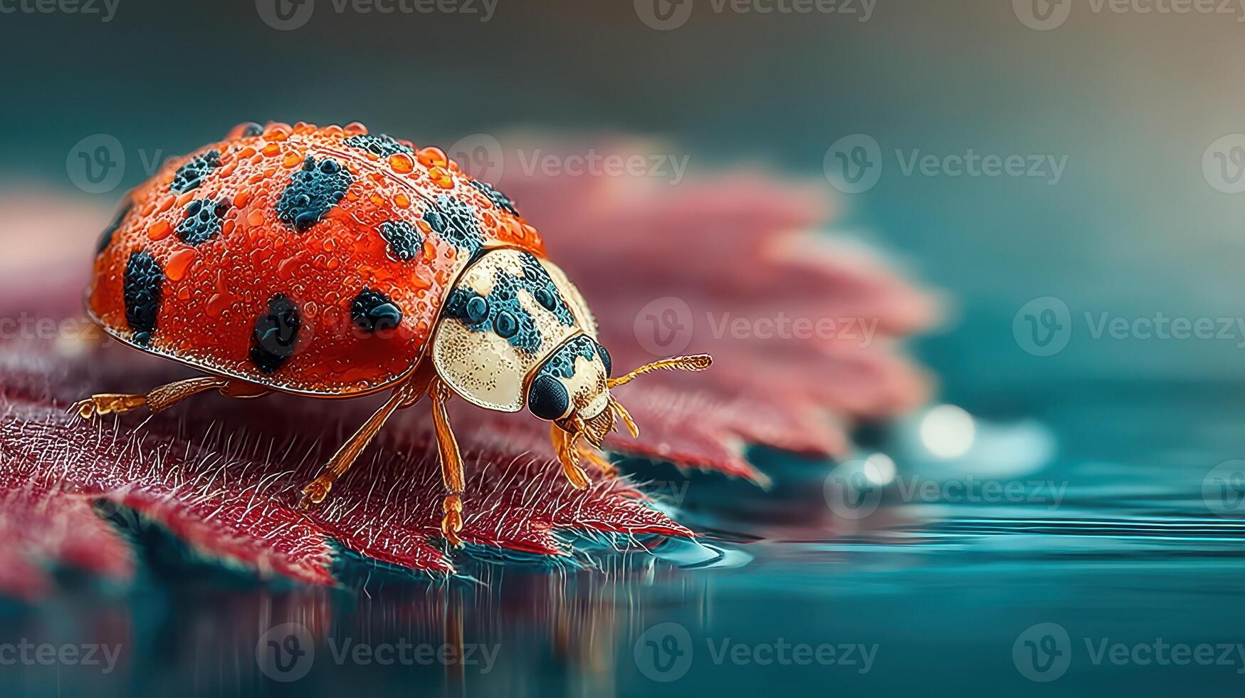 Colorful ladybug on a wet leaf near calm water in the morning light photo