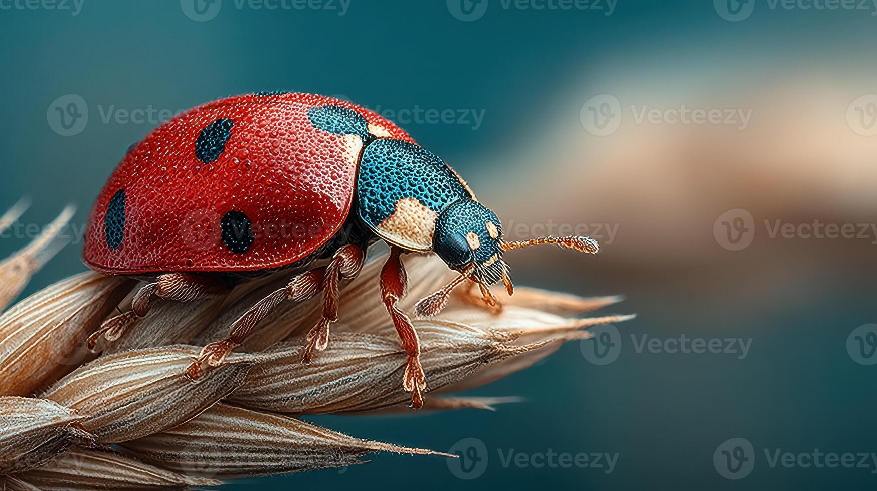 Close-up view of a vibrant ladybug perched on a natural element in a serene environment during the daytime photo