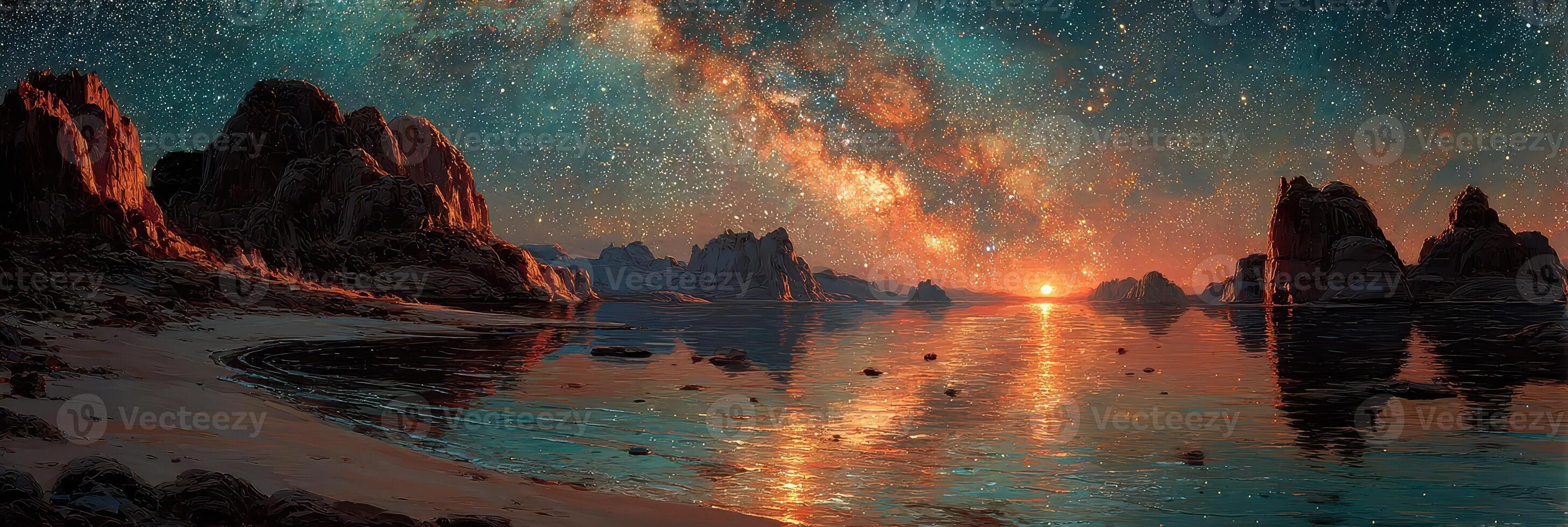 Breathtaking view of the Milky Way over calm waters at dusk illuminating rocky landscape and serene beach photo