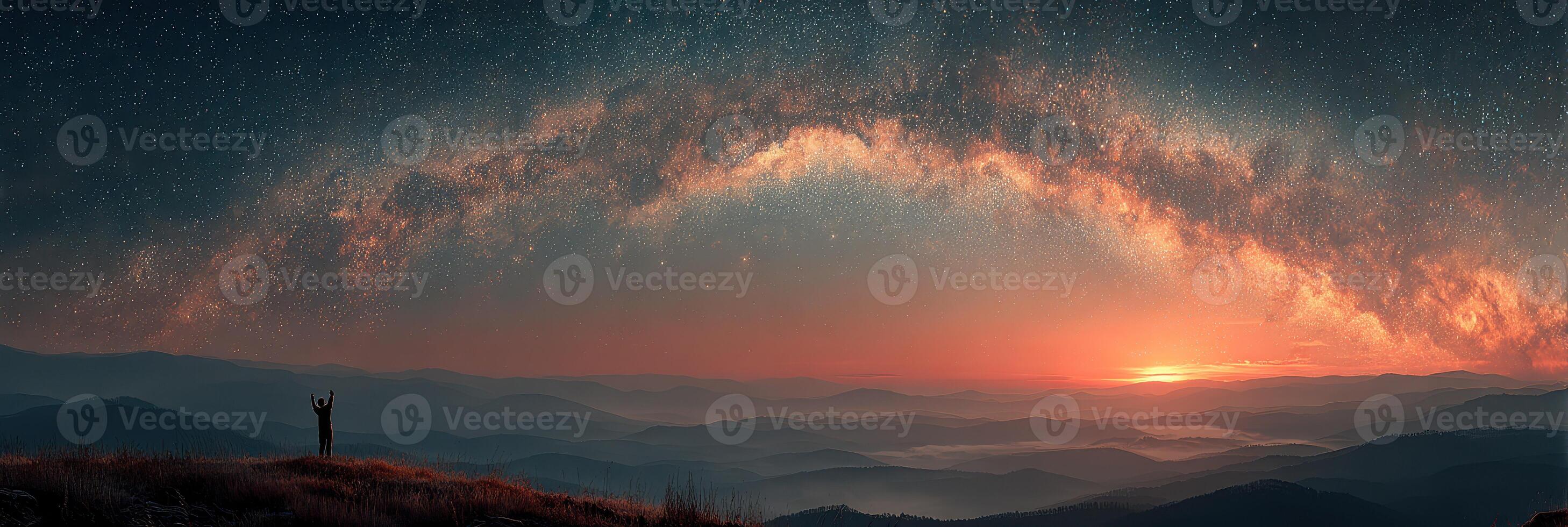 Captivating view of the Milky Way arching over mountains at sunset in a serene landscape photo