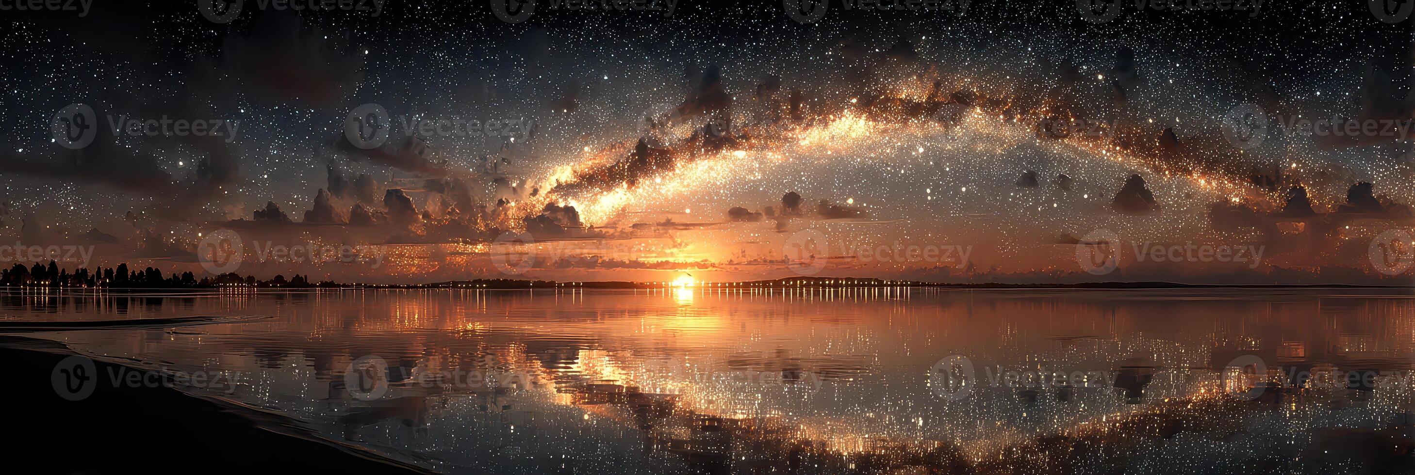 Stunning sunset reflects on calm waters beneath a starry sky over a peaceful beach location photo