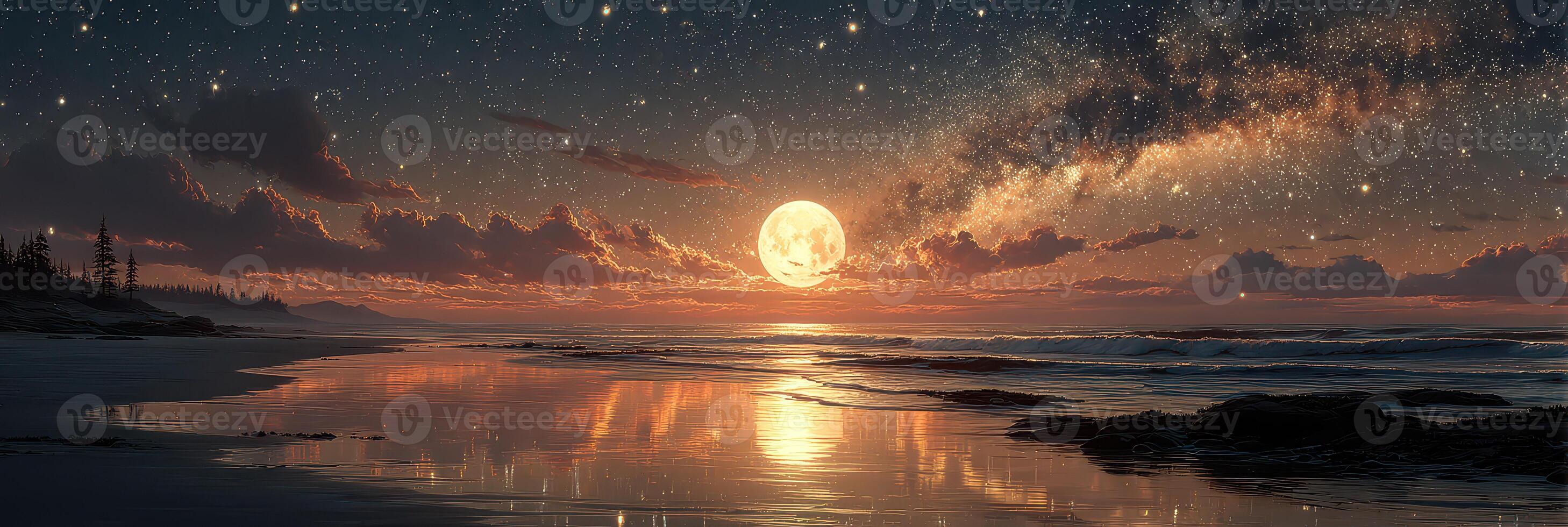 Stunning lunar reflection on a tranquil beach under a starry sky at dusk photo