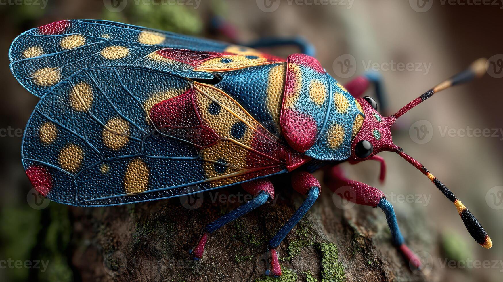 Colorful insect perched on a tree trunk in a natural habitat during the early morning light photo