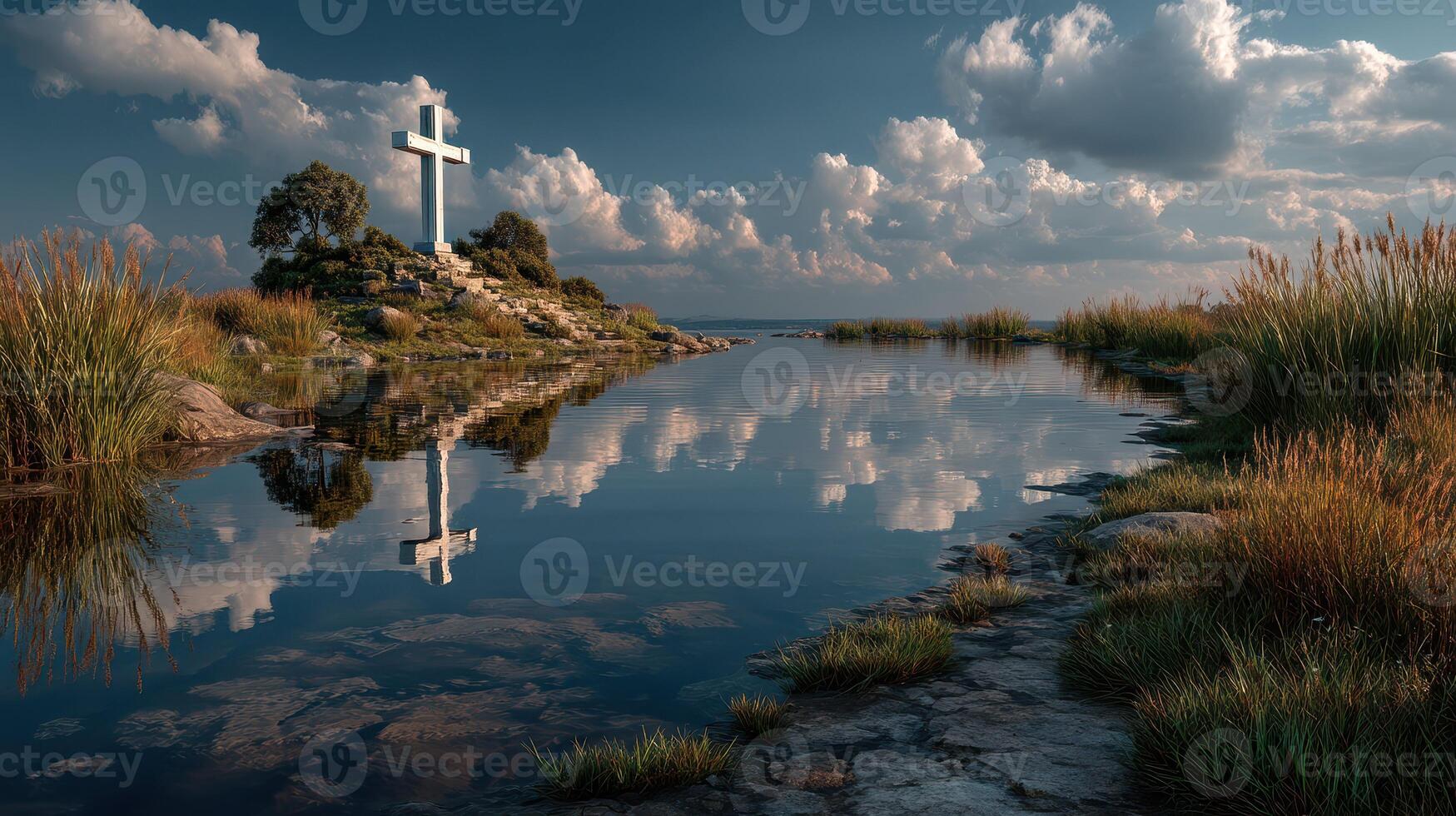Cross reflecting in calm waters at sunset near a lush riverside landscape photo