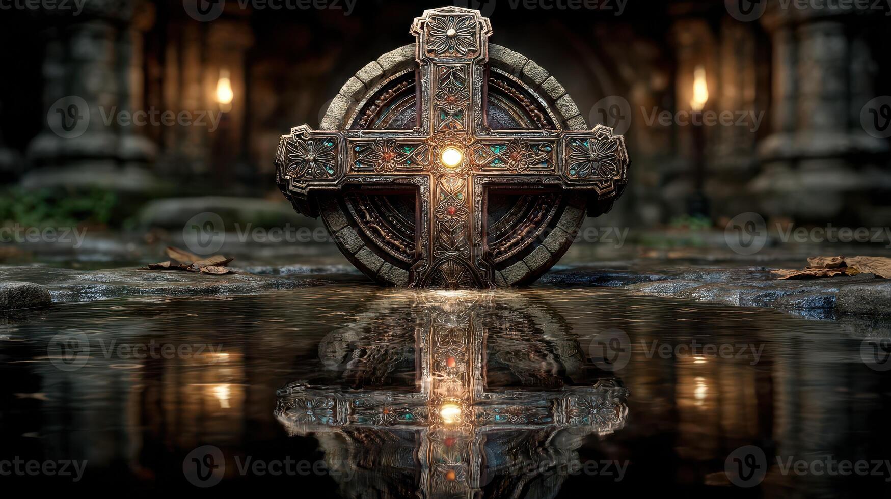 Intricate cross sculpture reflecting in water near ancient stone ruins during twilight photo