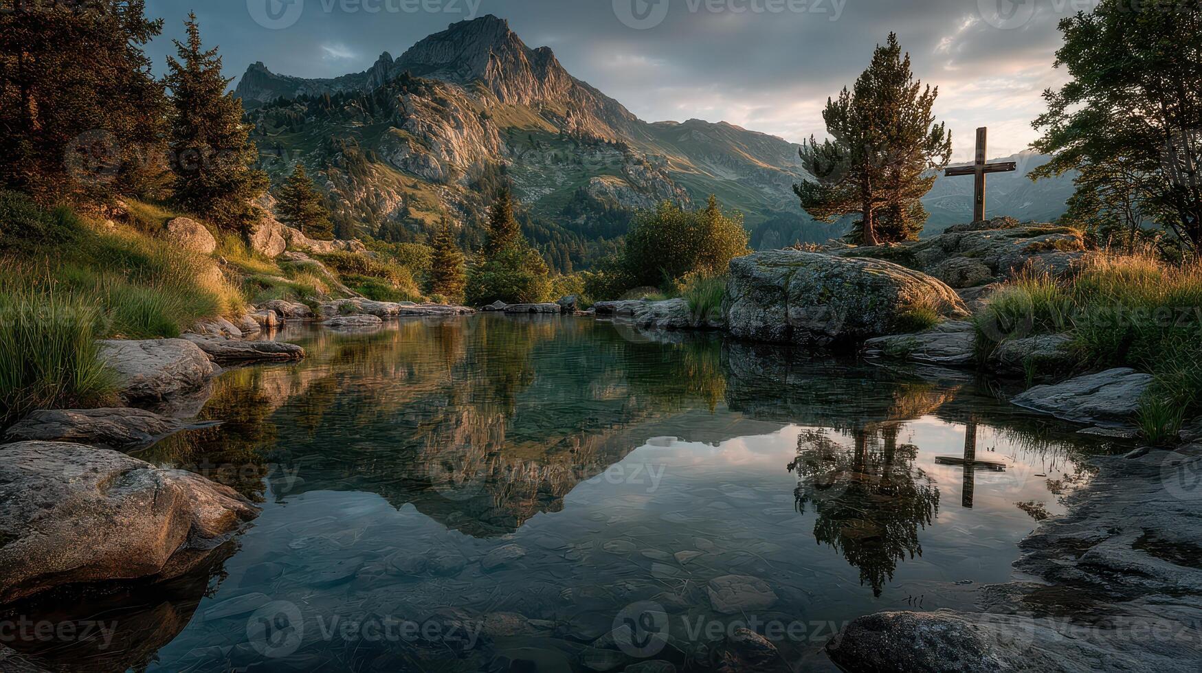 Mountain landscape with calm water reflecting trees and rocks during sunset in a serene wilderness area photo