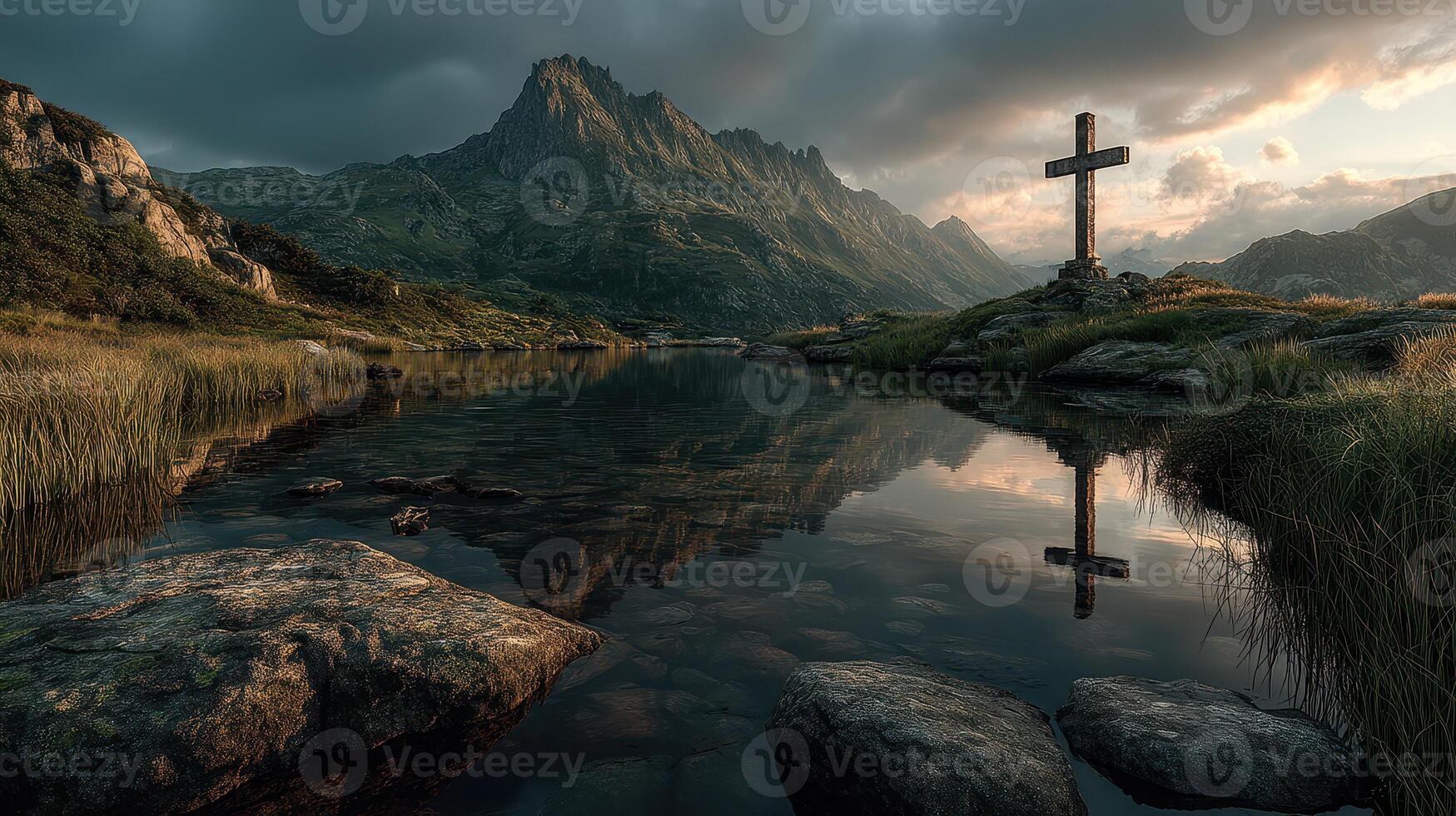 Serene mountain landscape at dusk with a cross near a reflective lake surrounded by rocky terrain photo
