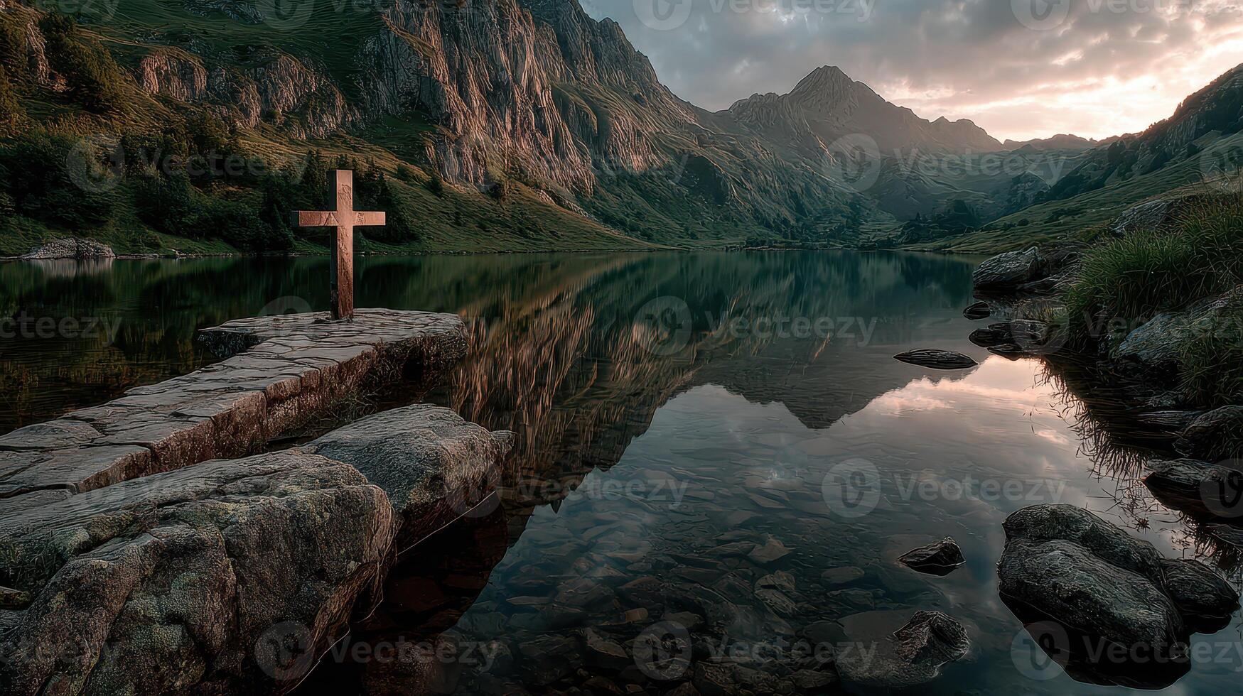 Serene mountain lake at sunset with a wooden cross reflecting on calm waters in a tranquil landscape photo