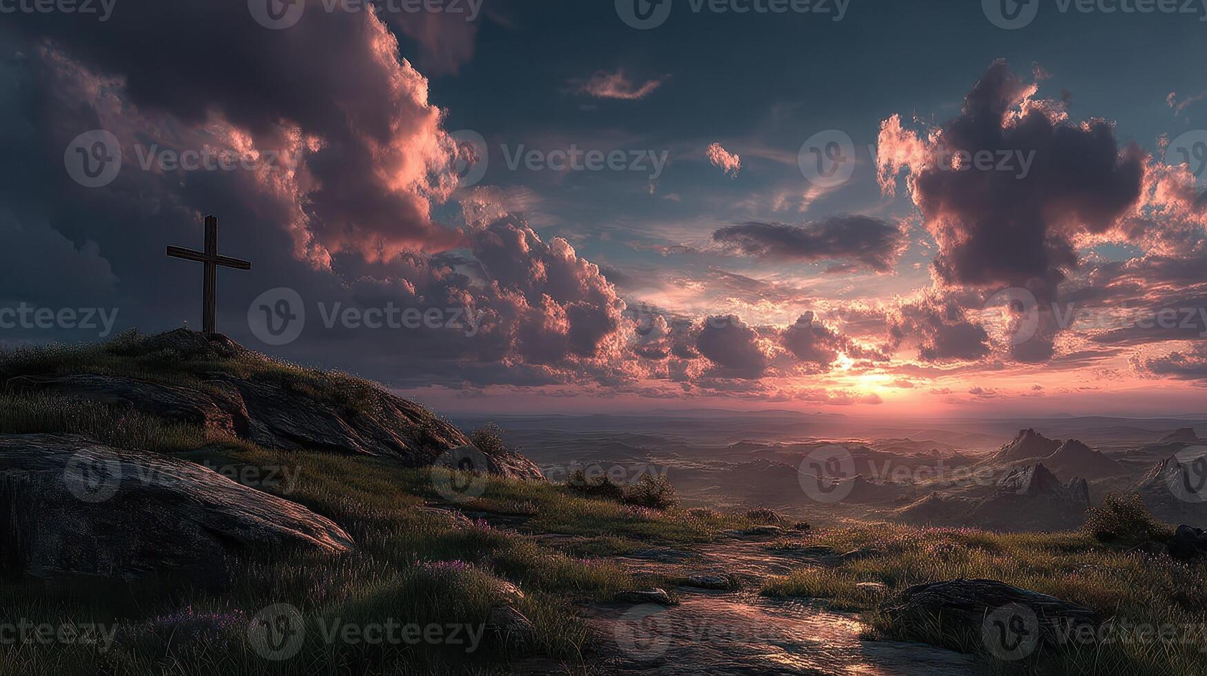 Sunset view from a hilltop with a cross and dramatic clouds in the sky photo