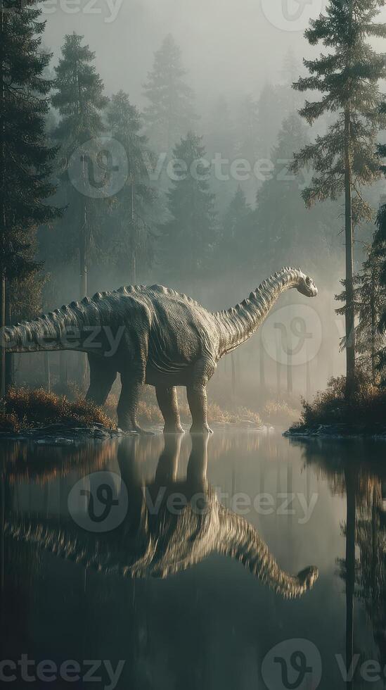 Dinosaur majestically stands by a tranquil lake amidst misty forest in a prehistoric landscape photo