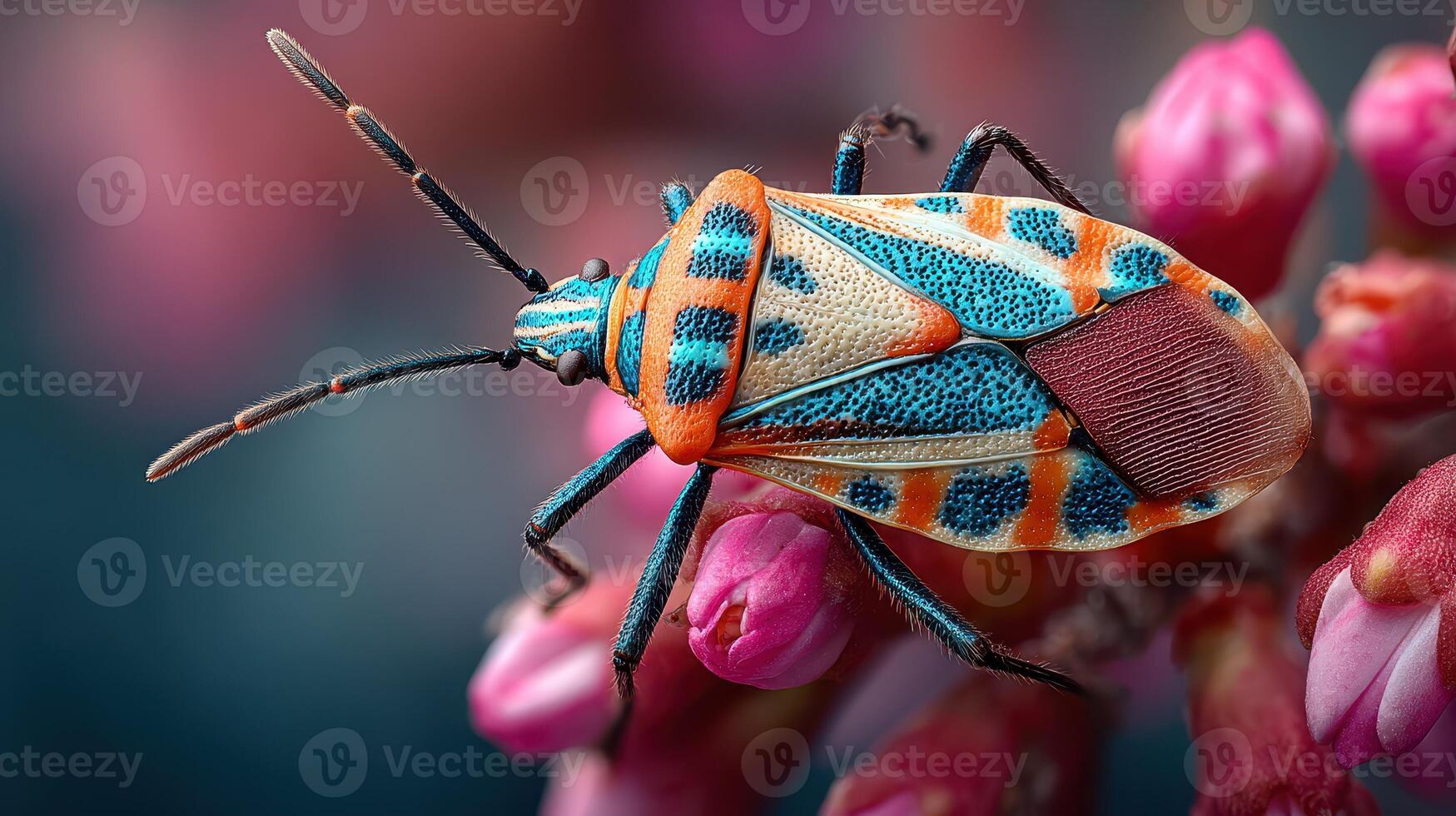 Colorful insect perched on vibrant pink flowers in a natural setting during daylight hours photo