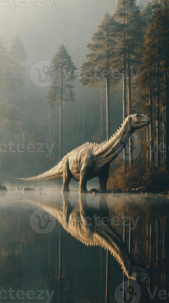 Large dinosaur stands in misty forest reflecting in still water at dawn photo