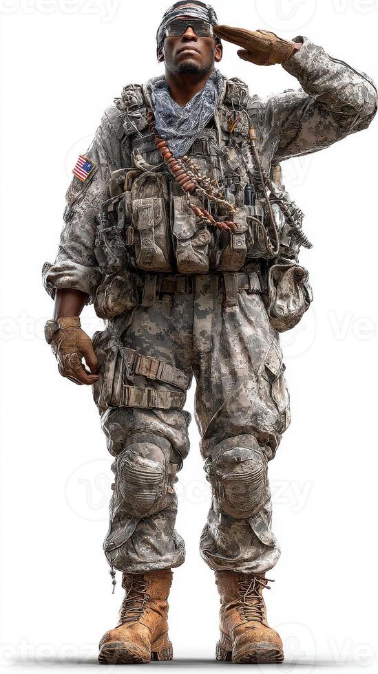 Soldier saluting in military uniform with tactical gear and American flag at a training ground during daylight photo