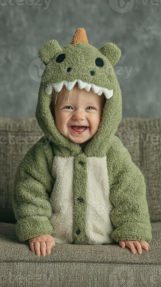 Happy baby wearing green dinosaur costume smiles while sitting on a soft couch indoors during daytime photo